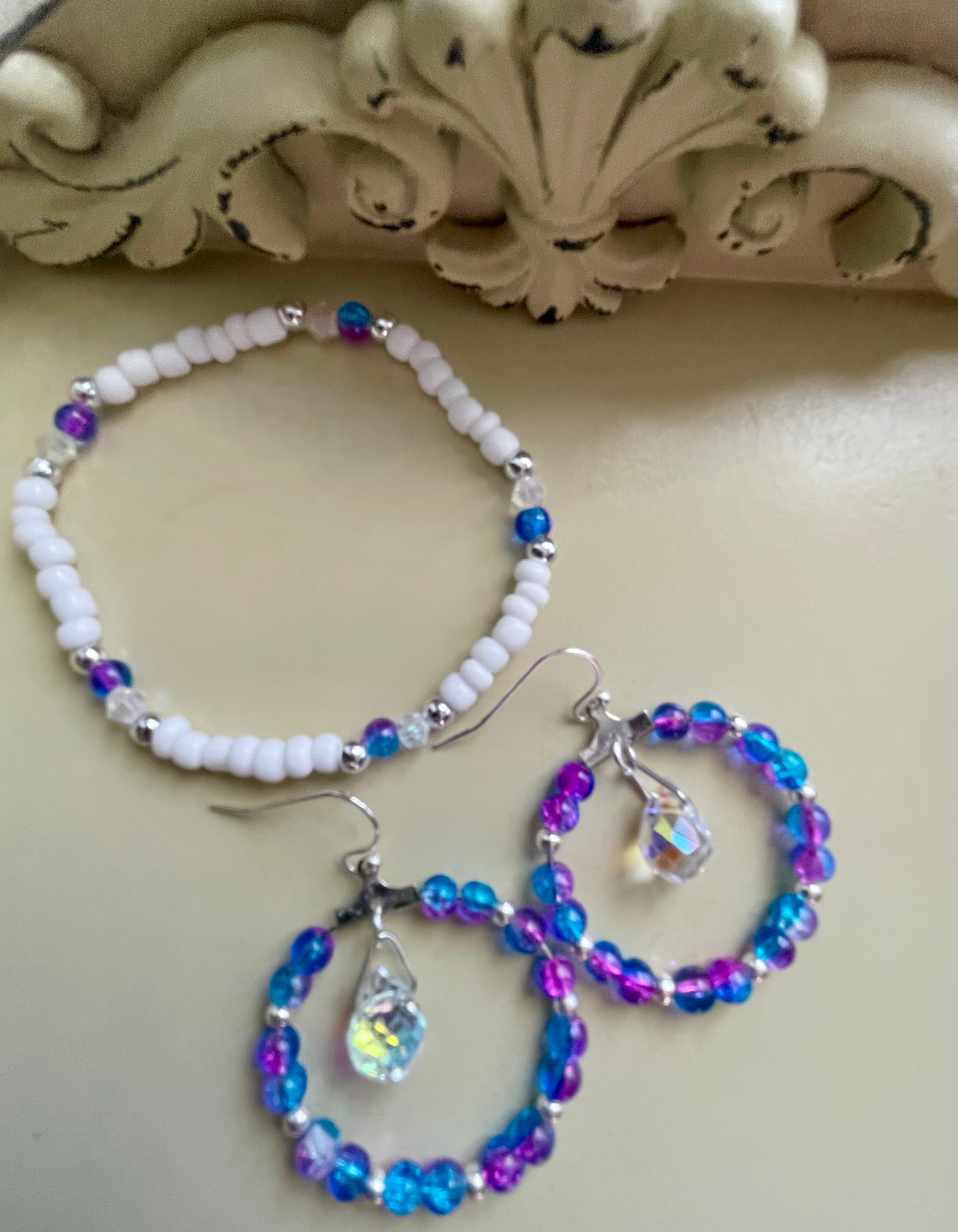 Mermaid Iridescent Crystal Hoop Earrings & White Beaded Bracelet Set – AB Coated Blue Purple Teal Prism Dangles, Rainbow Sparkle Jewelry Handmade Gift - SublimeDesignsBySuzie