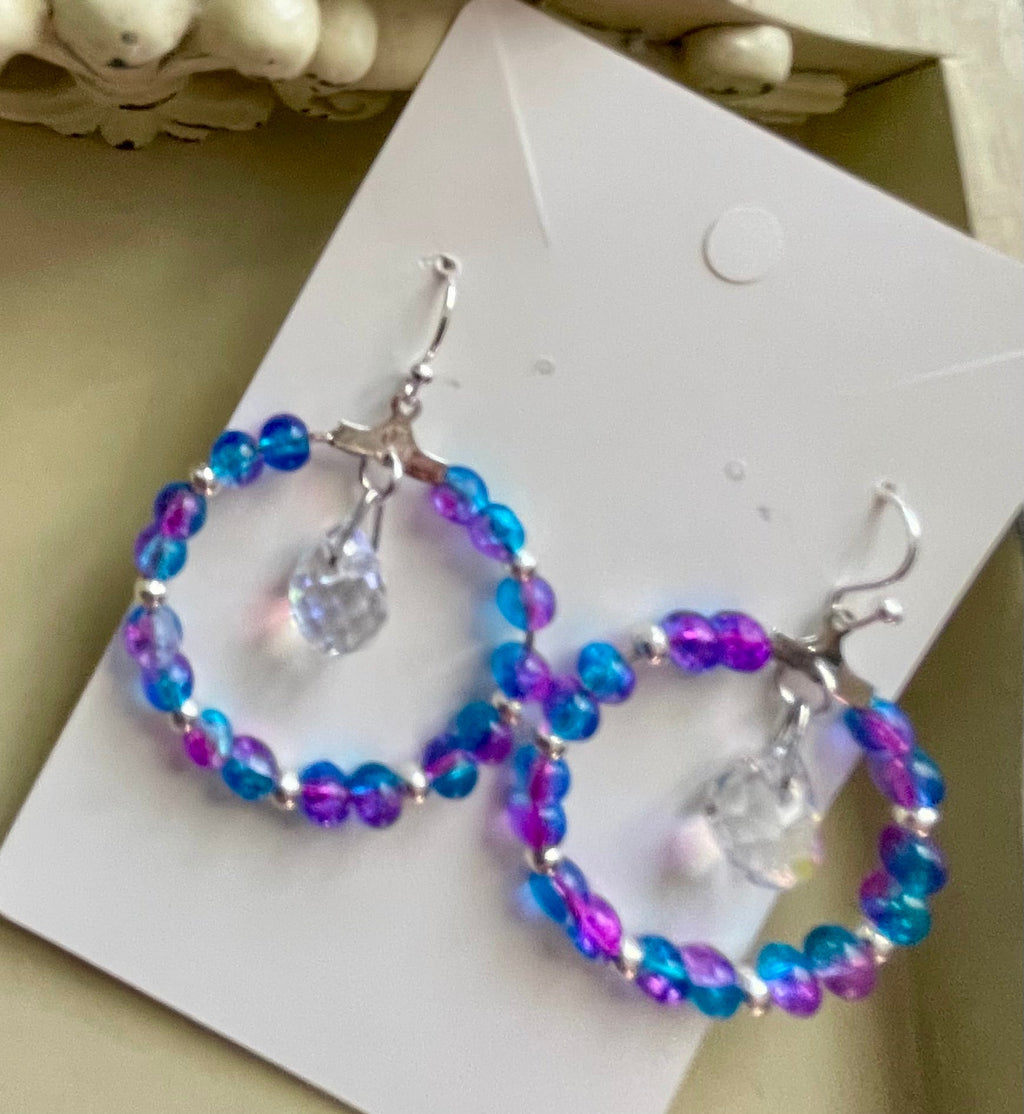 Mermaid Iridescent Crystal Hoop Earrings & White Beaded Bracelet Set – AB Coated Blue Purple Teal Prism Dangles, Rainbow Sparkle Jewelry Handmade Gift - SublimeDesignsBySuzie