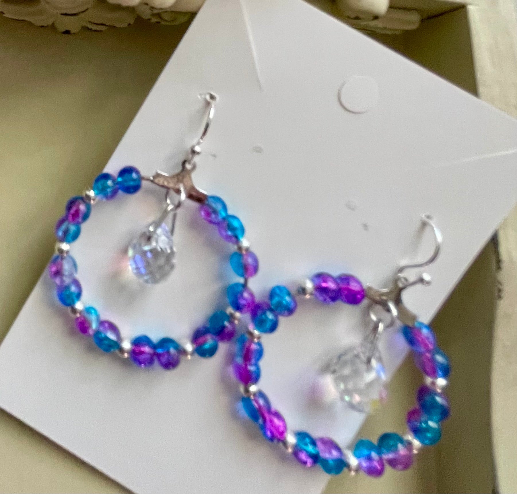 Mermaid Iridescent Crystal Hoop Earrings & White Beaded Bracelet Set – AB Coated Blue Purple Teal Prism Dangles, Rainbow Sparkle Jewelry Handmade Gift - SublimeDesignsBySuzie