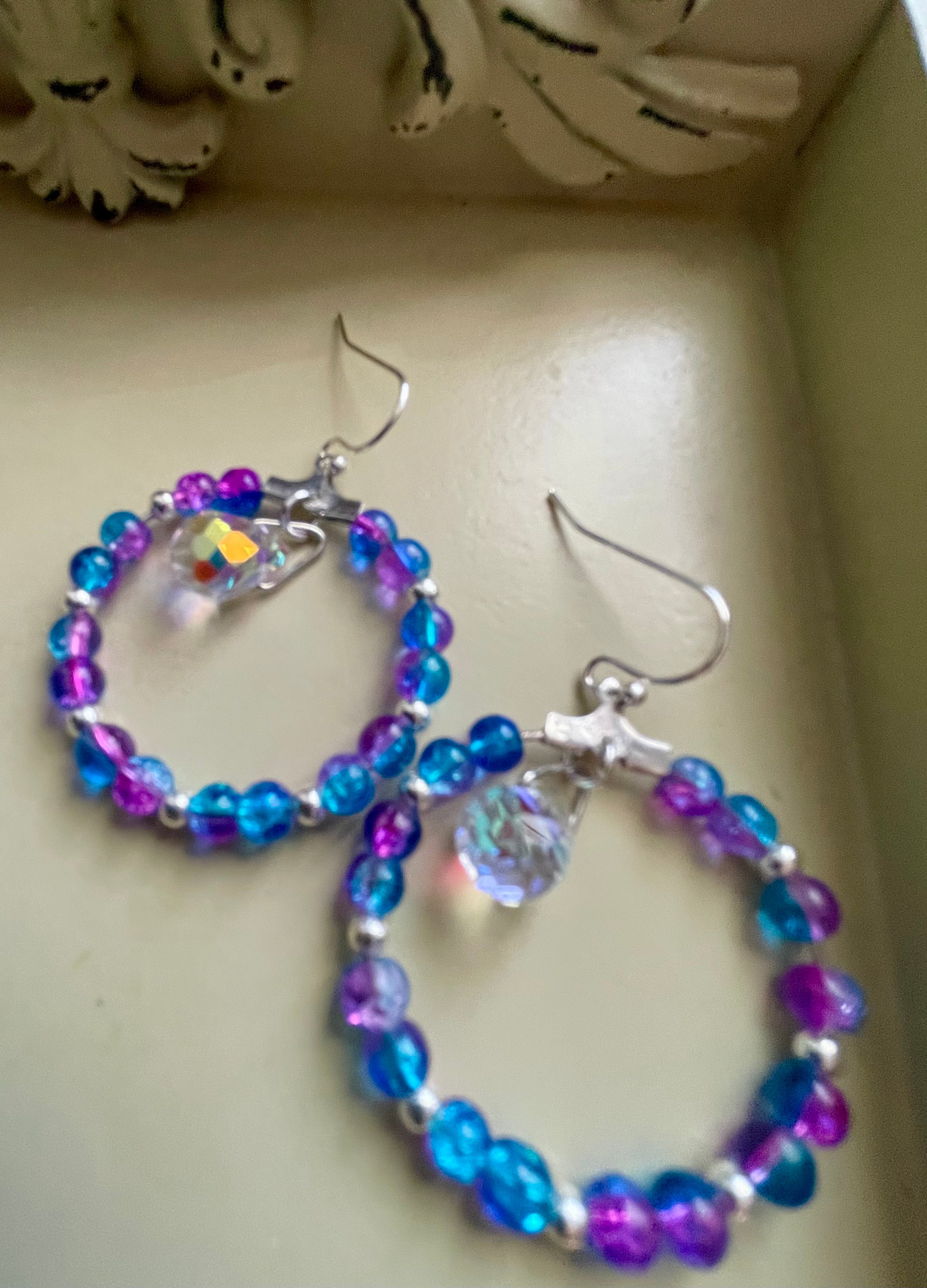 Mermaid Iridescent Crystal Hoop Earrings & White Beaded Bracelet Set – AB Coated Blue Purple Teal Prism Dangles, Rainbow Sparkle Jewelry Handmade Gift - SublimeDesignsBySuzie