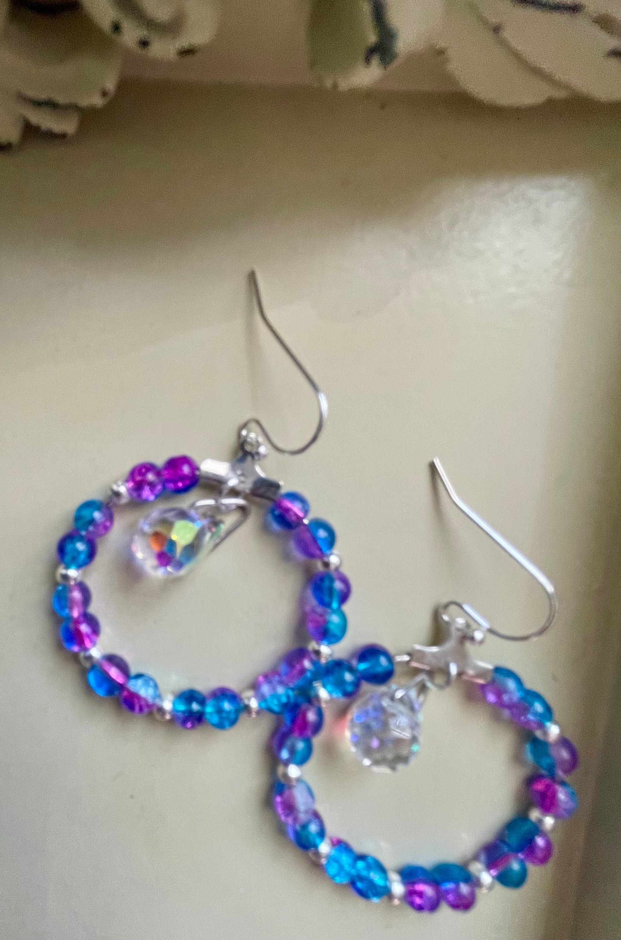 Mermaid Iridescent Crystal Hoop Earrings & White Beaded Bracelet Set – AB Coated Blue Purple Teal Prism Dangles, Rainbow Sparkle Jewelry Handmade Gift - SublimeDesignsBySuzie