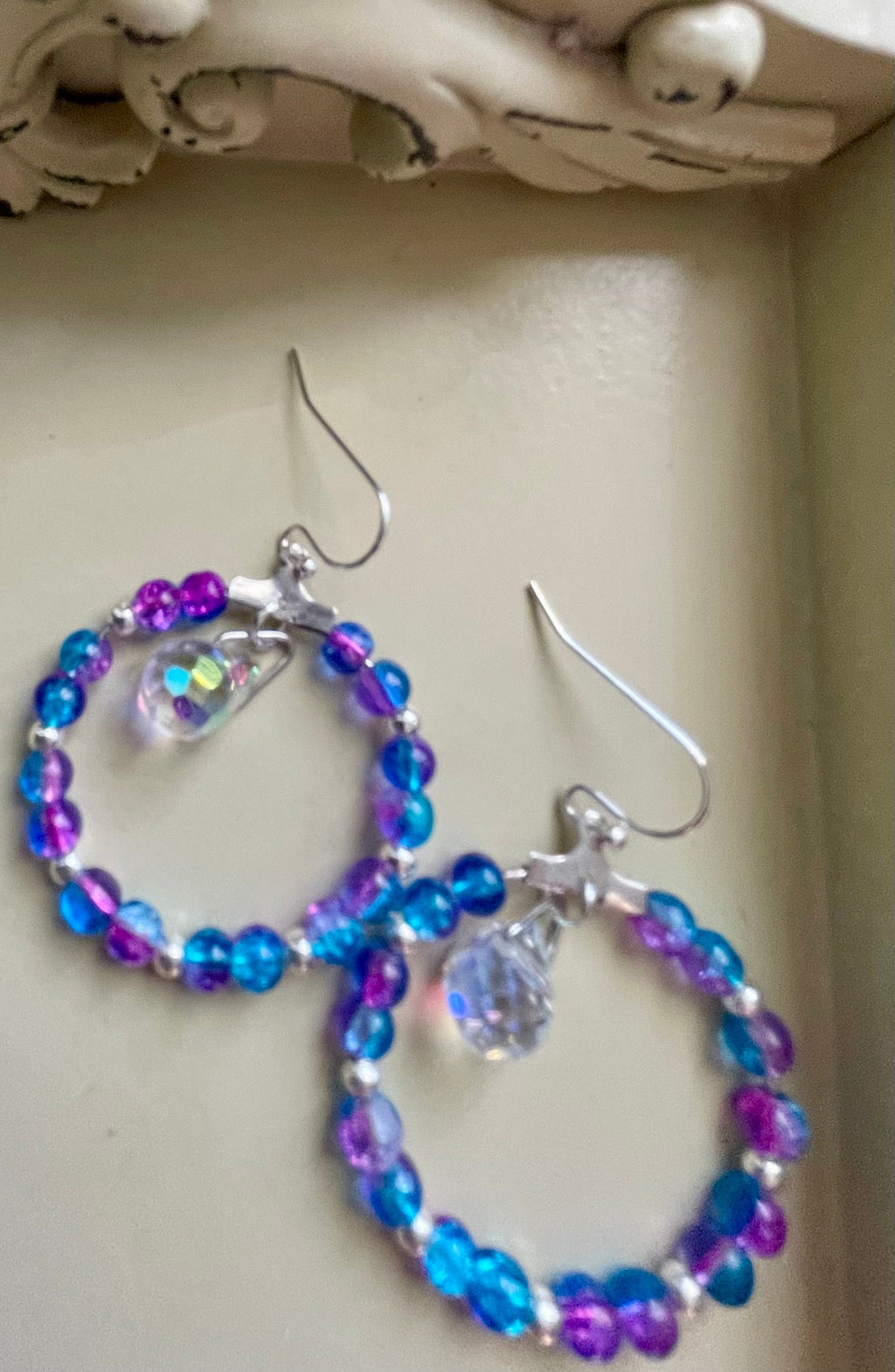 Mermaid Iridescent Crystal Hoop Earrings & White Beaded Bracelet Set – AB Coated Blue Purple Teal Prism Dangles, Rainbow Sparkle Jewelry Handmade Gift - SublimeDesignsBySuzie