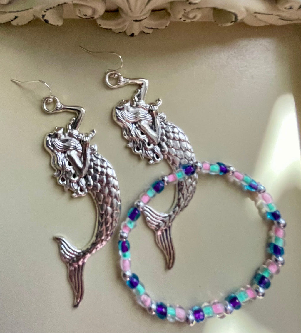Mermaid Jewelry Set – Silver Mermaid Body & Tail Earrings & Pastel Beaded Bracelet, Pink Teal Purple Mermaid Charm Handmade Ocean Gift for Women by Suzie with Sublime Designs - SublimeDesignsBySuzie