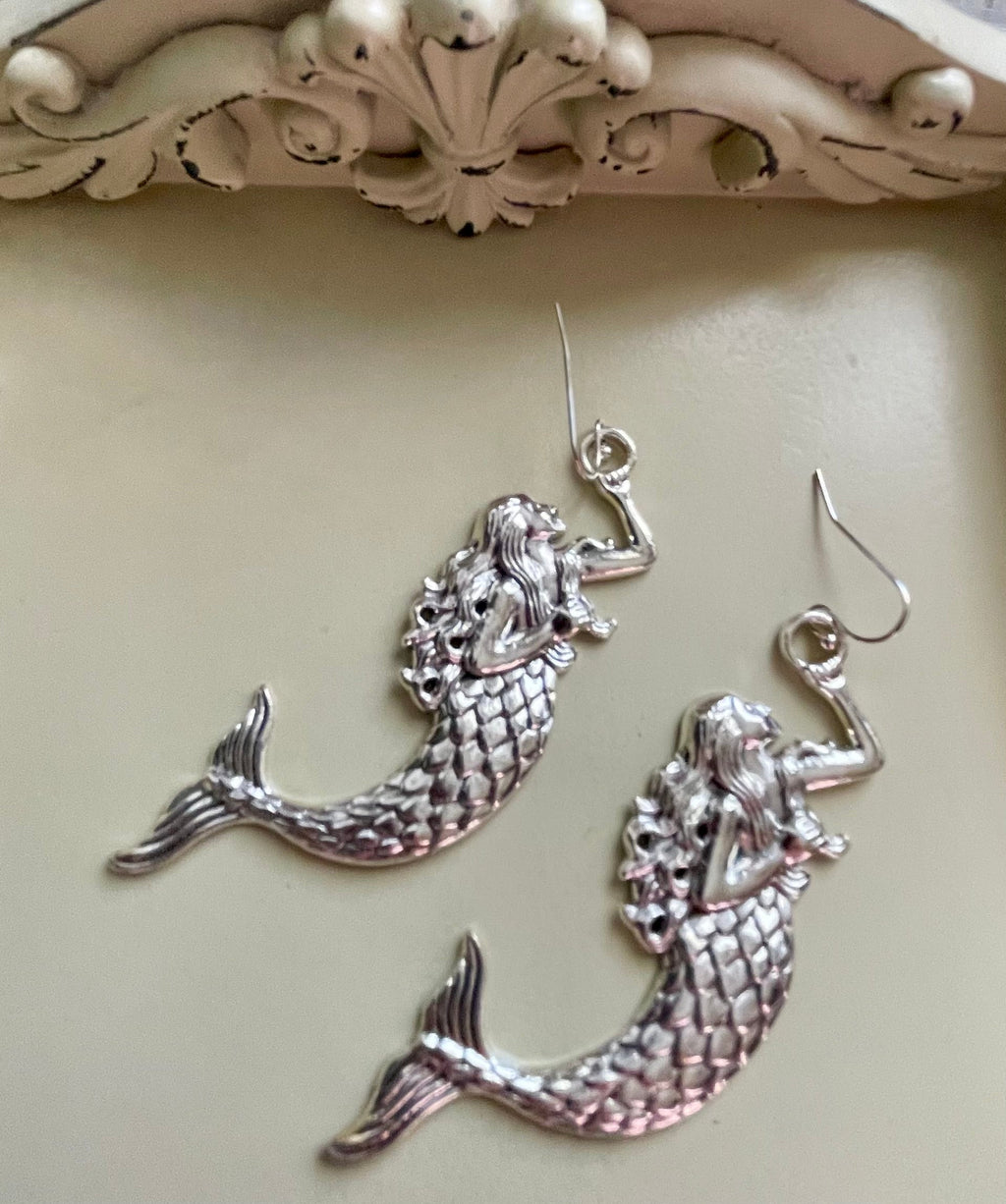 Mermaid Jewelry Set – Silver Mermaid Body & Tail Earrings & Pastel Beaded Bracelet, Pink Teal Purple Mermaid Charm Handmade Ocean Gift for Women by Suzie with Sublime Designs - SublimeDesignsBySuzie