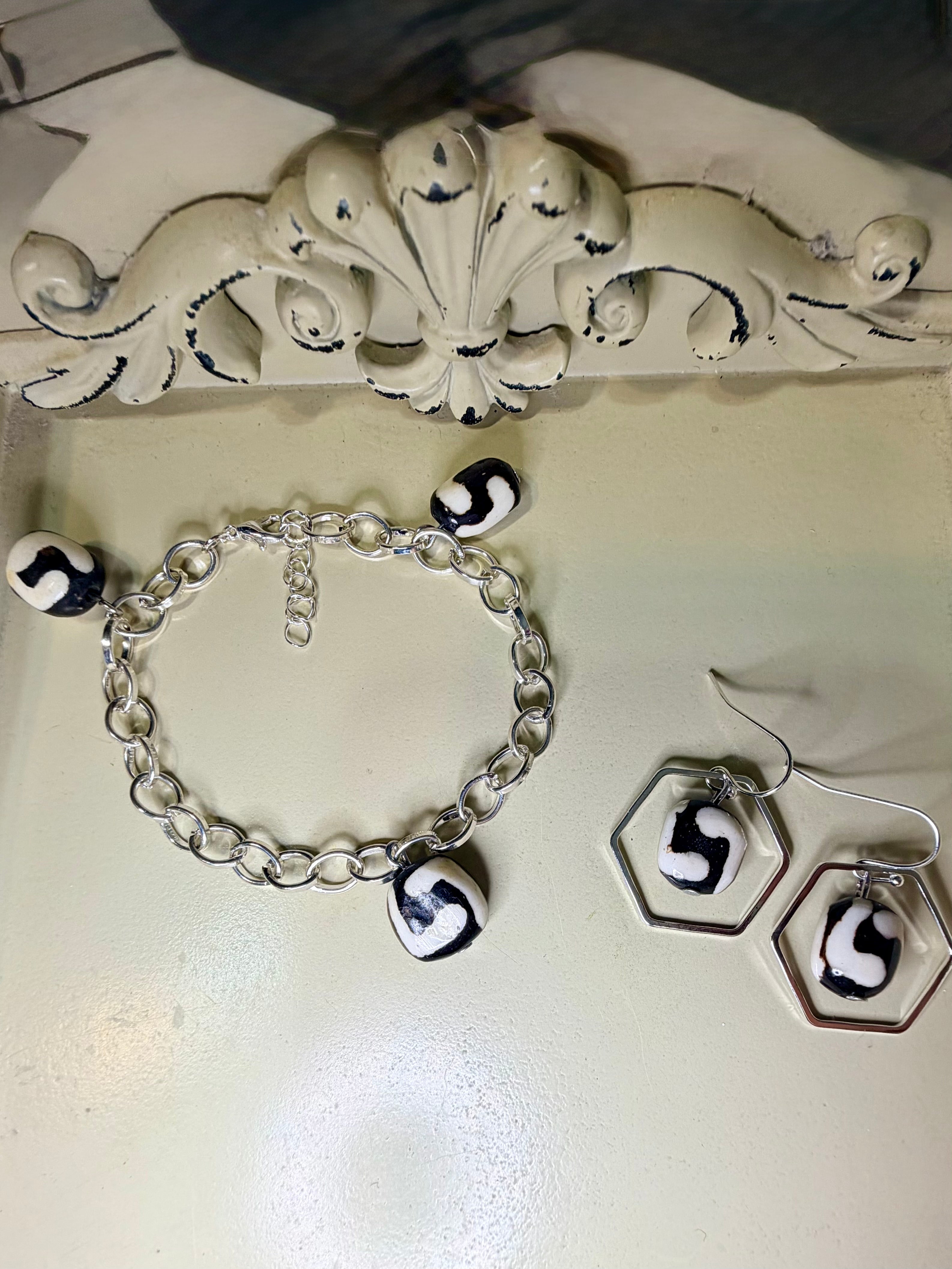 Midnight Batik Bone Silver Charm Jewelry Set – Black & White Statement Bracelet & Hexagon Earrings - SublimeDesignsBySuzie - SublimeDesignsBySuzie