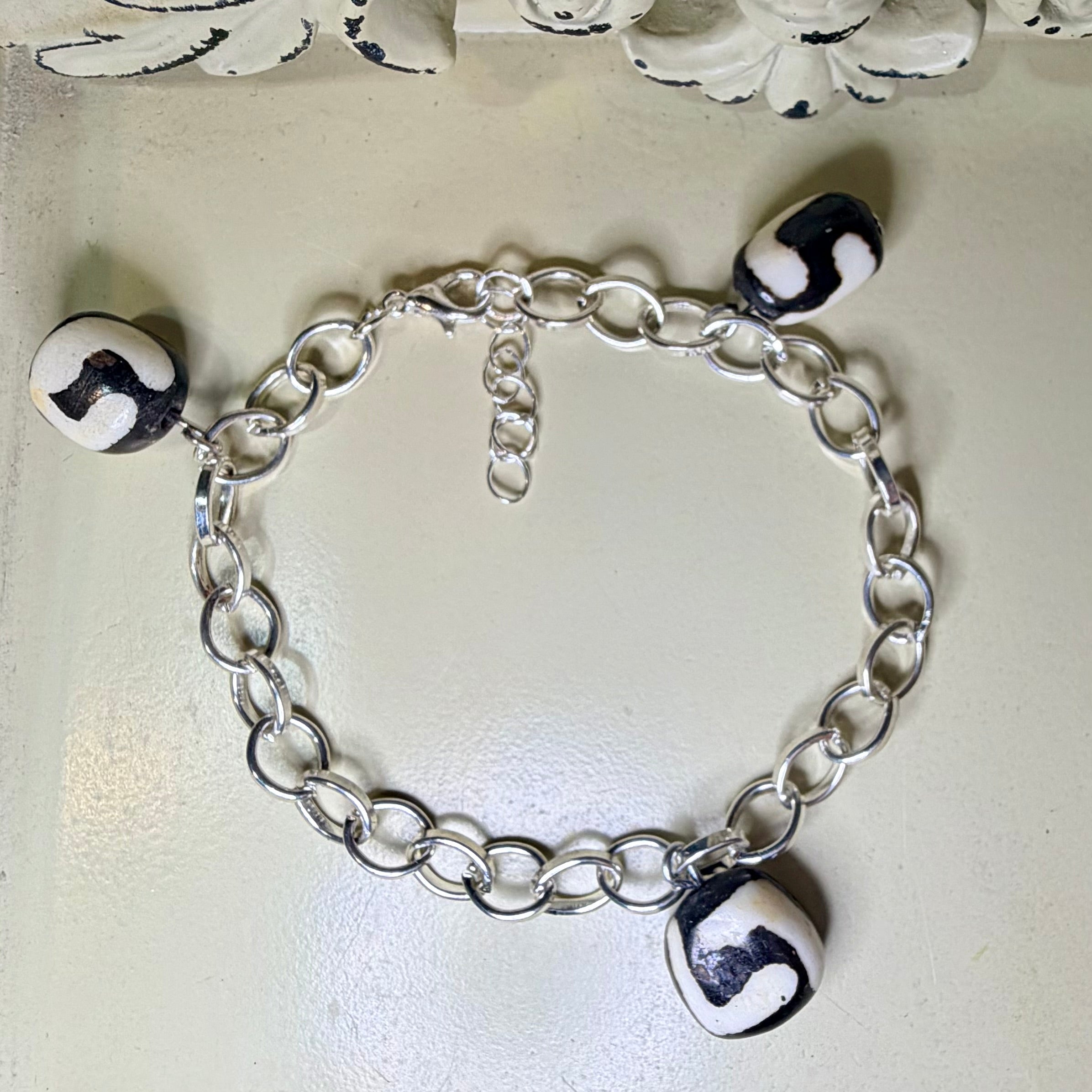 Midnight Batik Bone Silver Charm Jewelry Set – Black & White Statement Bracelet & Hexagon Earrings - SublimeDesignsBySuzie - SublimeDesignsBySuzie