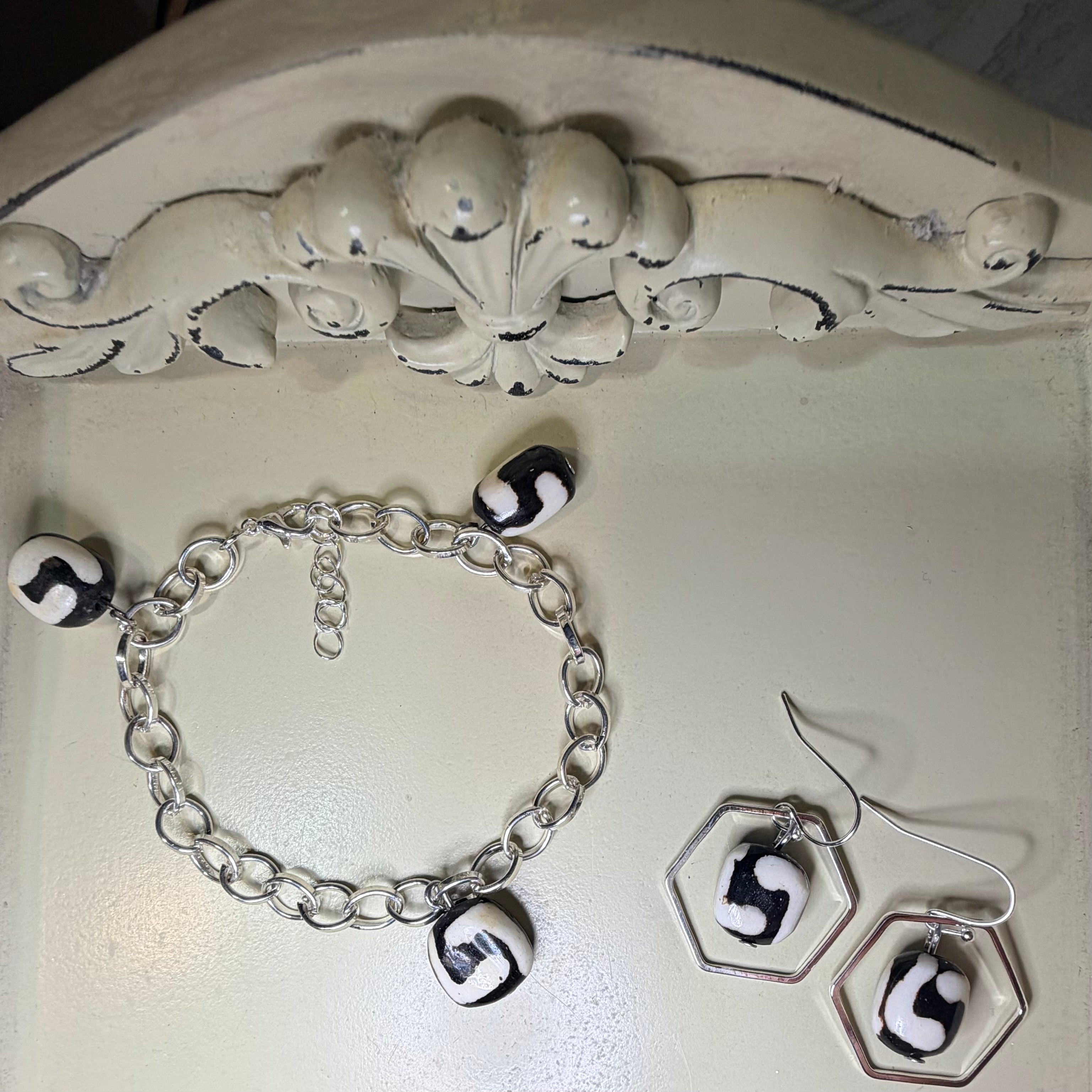 Midnight Batik Bone Silver Charm Jewelry Set – Black & White Statement Bracelet & Hexagon Earrings - SublimeDesignsBySuzie - SublimeDesignsBySuzie