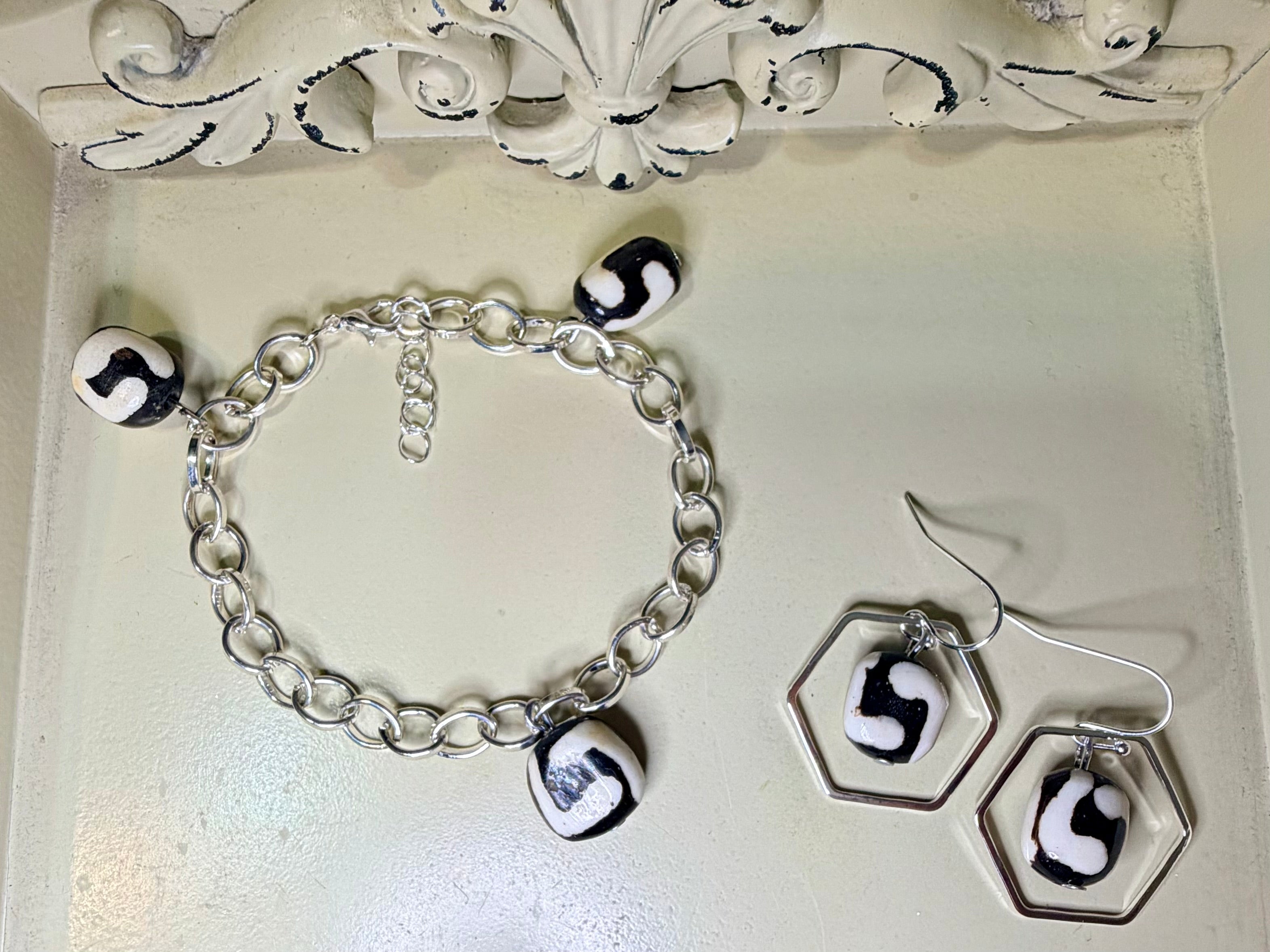 Midnight Batik Bone Silver Charm Jewelry Set – Black & White Statement Bracelet & Hexagon Earrings - SublimeDesignsBySuzie - SublimeDesignsBySuzie