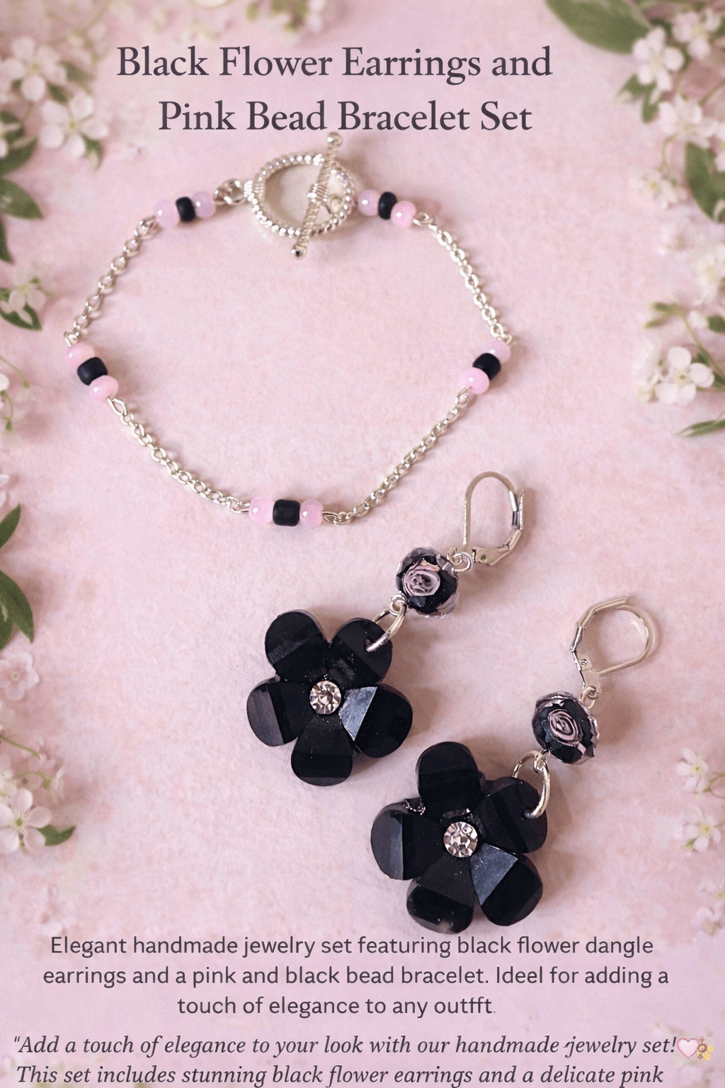 Midnight Bloom Flower Earrings & Pink Bead Toggle Bracelet Set – Black Crystal Floral Jewelry - SublimeDesignsBySuzie - SublimeDesignsBySuzie