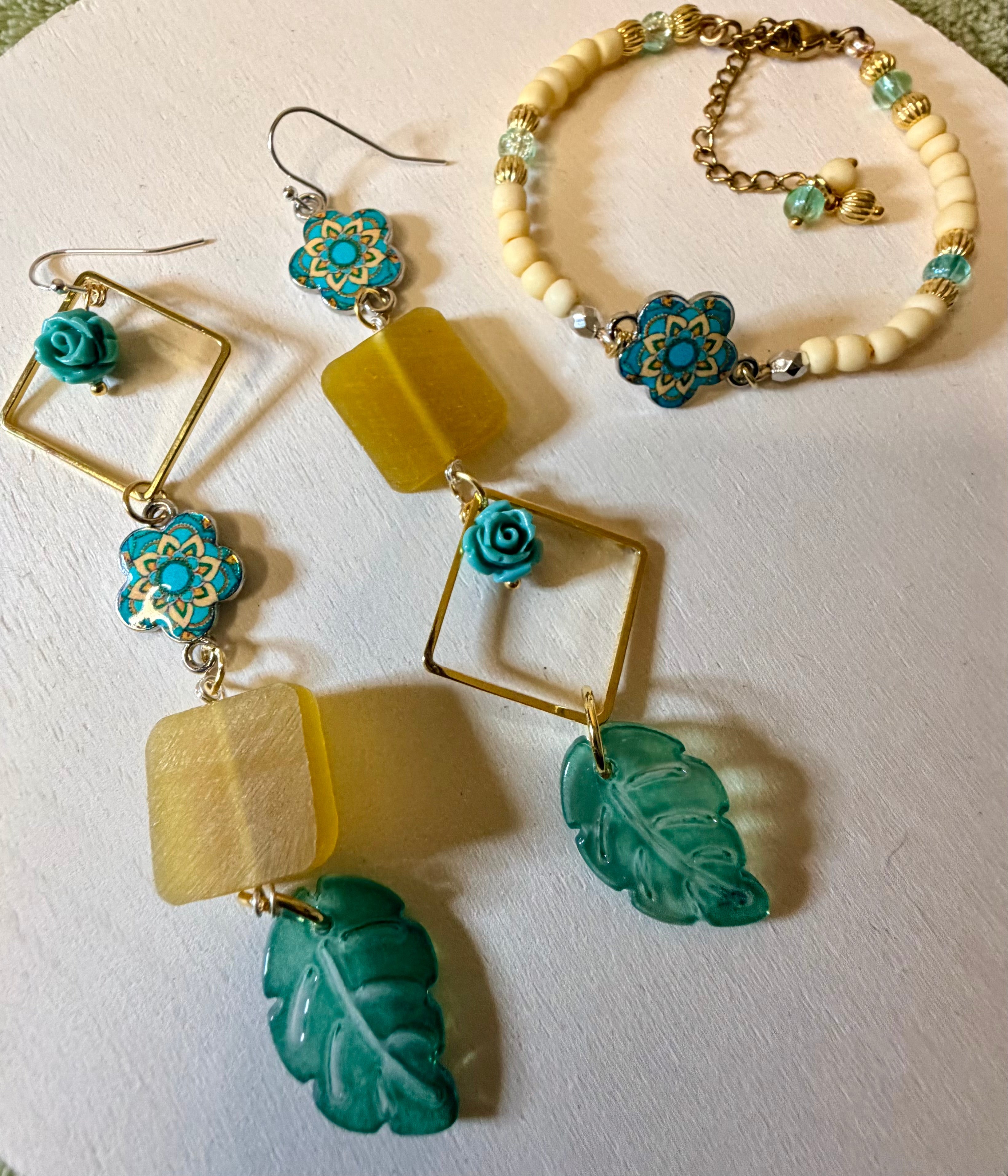 Mismatch Jewelry Set - Boho Turquoise & Gold Dangle Earrings with Sea Glass & Leaf Charms + Matching Beaded Bracelet – Statement Jewelry Set - SublimeDesignsBySuzie