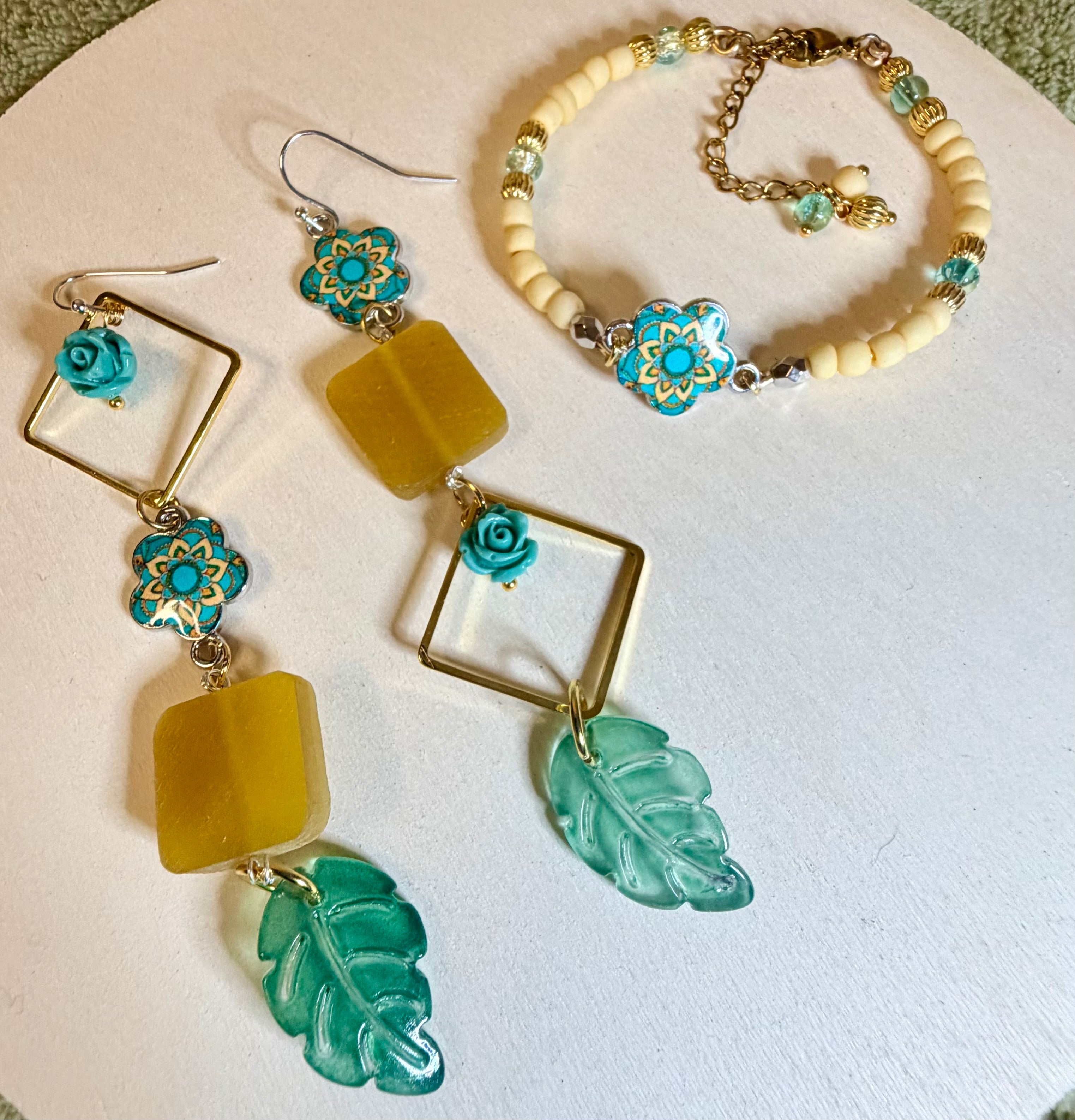 Mismatch Jewelry Set - Boho Turquoise & Gold Dangle Earrings with Sea Glass & Leaf Charms + Matching Beaded Bracelet – Statement Jewelry Set - SublimeDesignsBySuzie