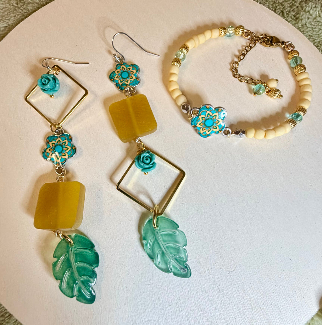 Mismatch Jewelry Set - Boho Turquoise & Gold Dangle Earrings with Sea Glass & Leaf Charms + Matching Beaded Bracelet – Statement Jewelry Set - SublimeDesignsBySuzie