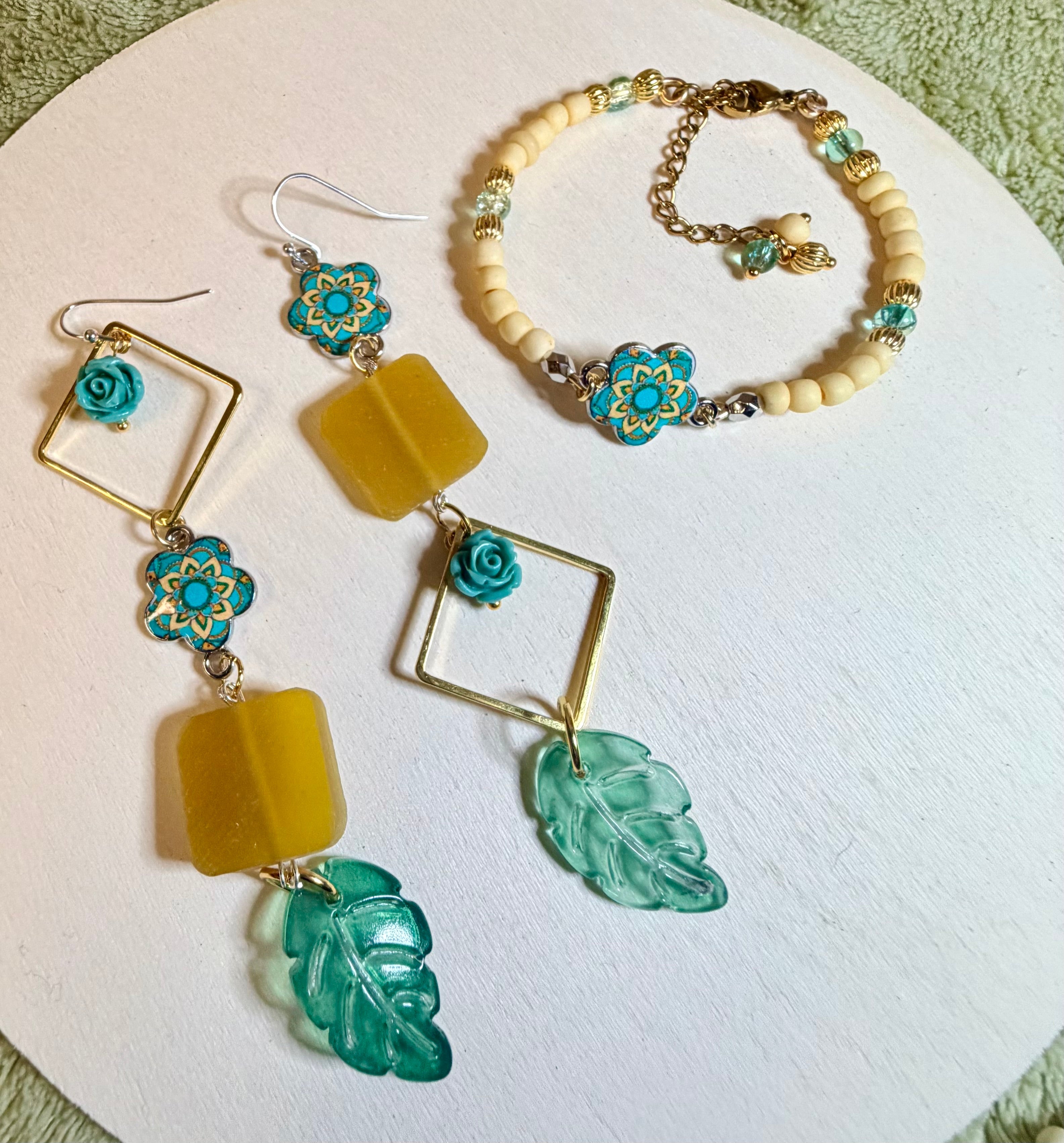 Mismatch Jewelry Set - Boho Turquoise & Gold Dangle Earrings with Sea Glass & Leaf Charms + Matching Beaded Bracelet – Statement Jewelry Set - SublimeDesignsBySuzie