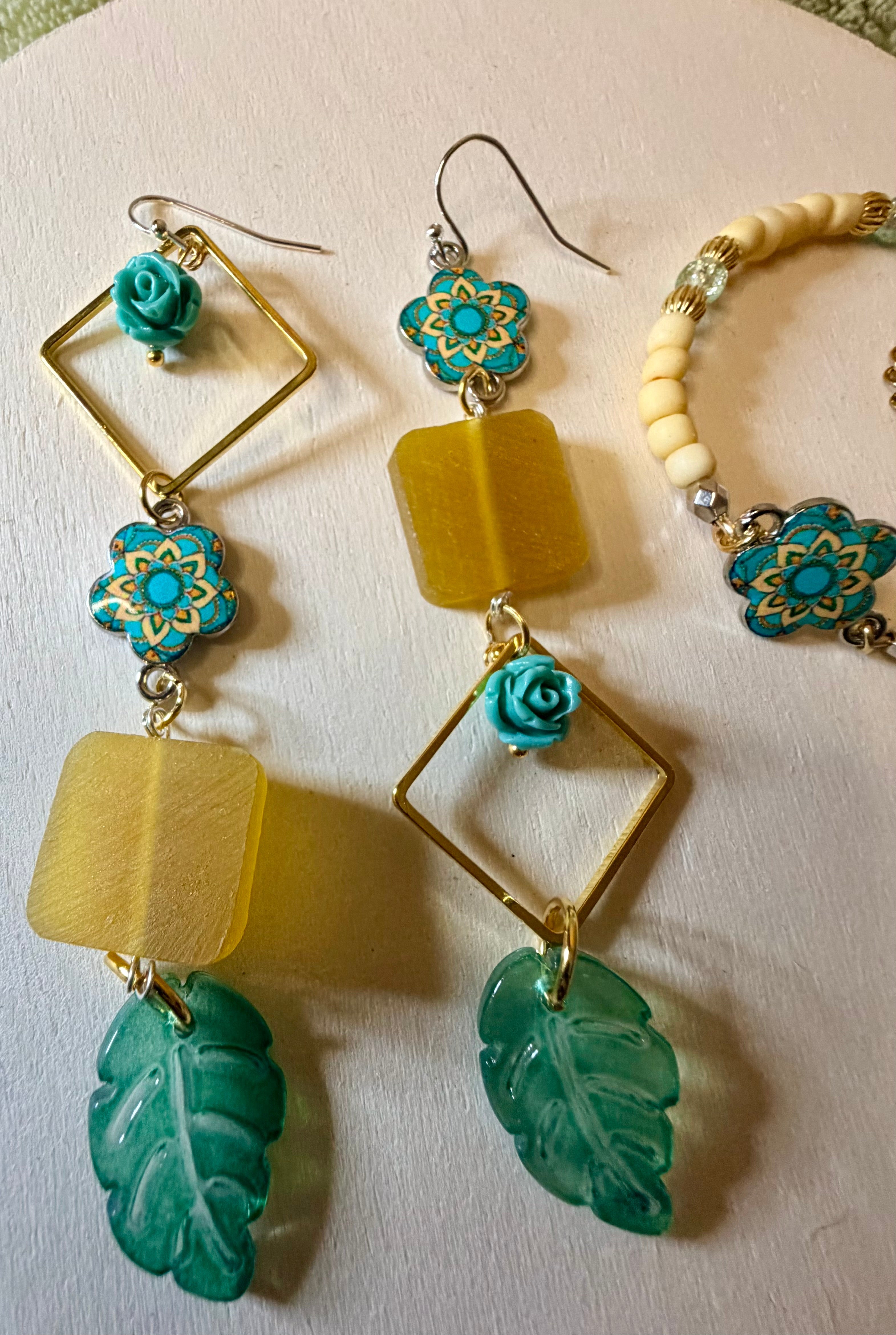 Mismatch Jewelry Set - Boho Turquoise & Gold Dangle Earrings with Sea Glass & Leaf Charms + Matching Beaded Bracelet – Statement Jewelry Set - SublimeDesignsBySuzie