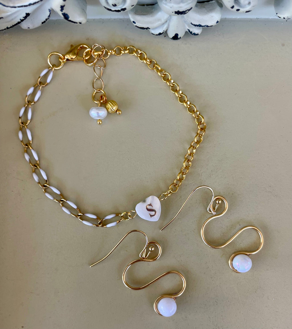 Mix and Match Gold Plated Heart Customize Initial Jewelry - Enamel Chain Initial Personalized Bracelet Opal Earrings Personalized Charm - SublimeDesignsBySuzie - SublimeDesignsBySuzie
