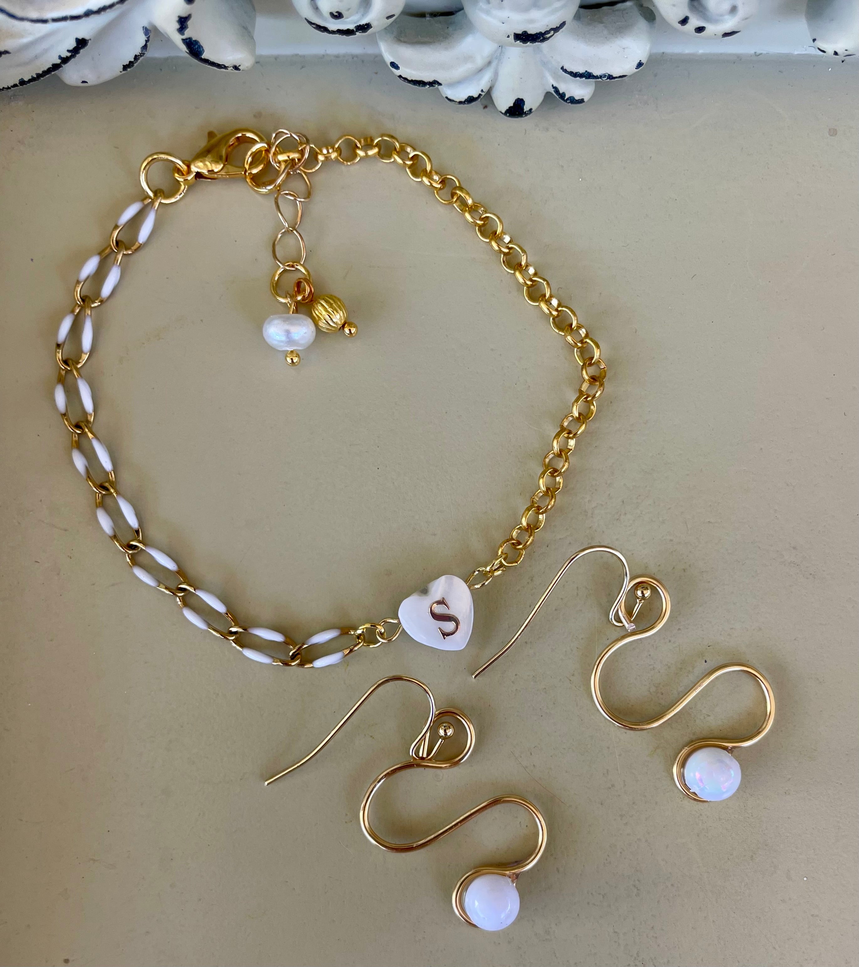 Mix and Match Gold Plated Heart Customize Initial Jewelry - Enamel Chain Initial Personalized Bracelet Opal Earrings Personalized Charm - SublimeDesignsBySuzie - SublimeDesignsBySuzie