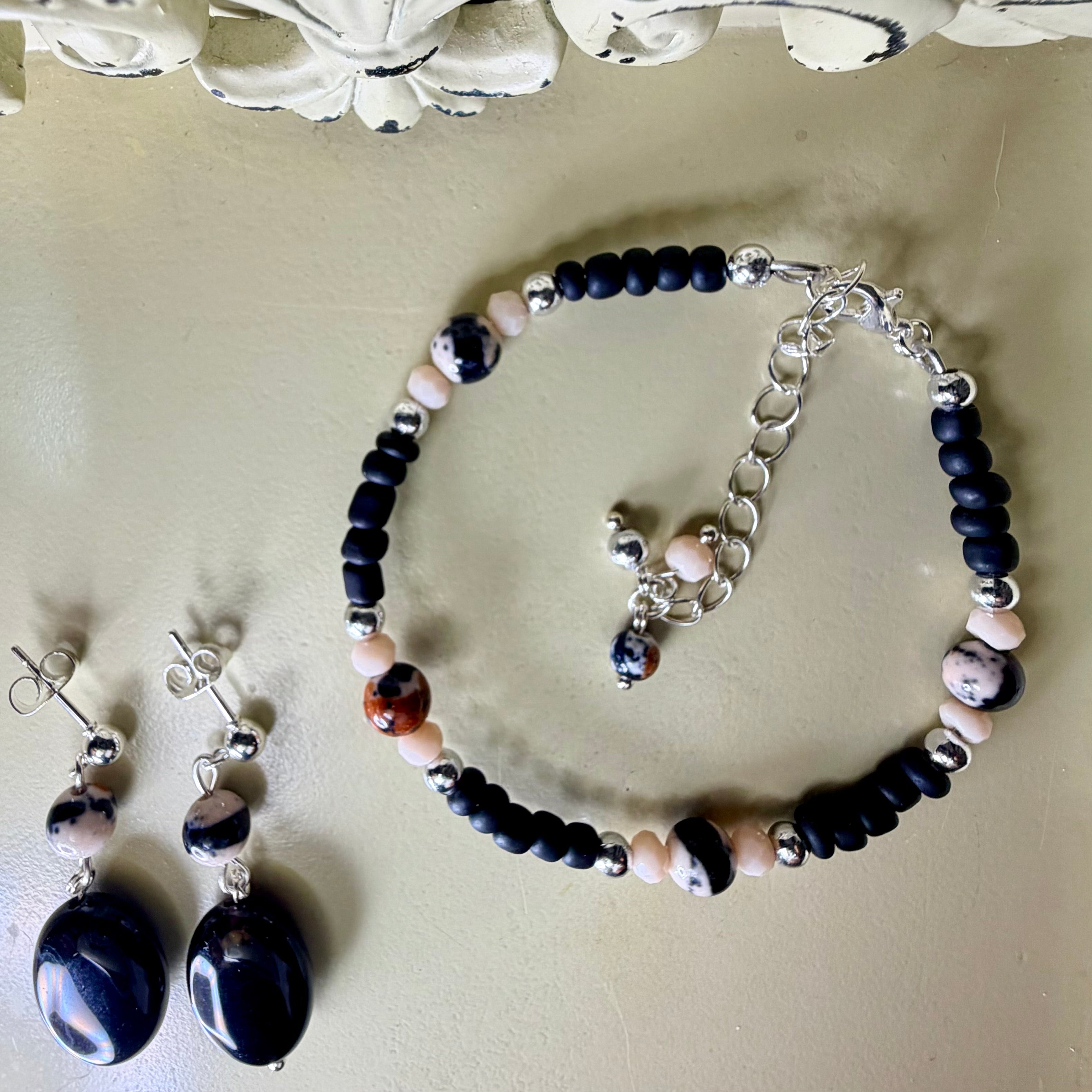 Natural Boho Speckled Granite Bead Silver Plated Black & Peach Tones Jewelry Set - Handcrafted Bracelet & Earrings by SublimeDesignsBySuzie - SublimeDesignsBySuzie