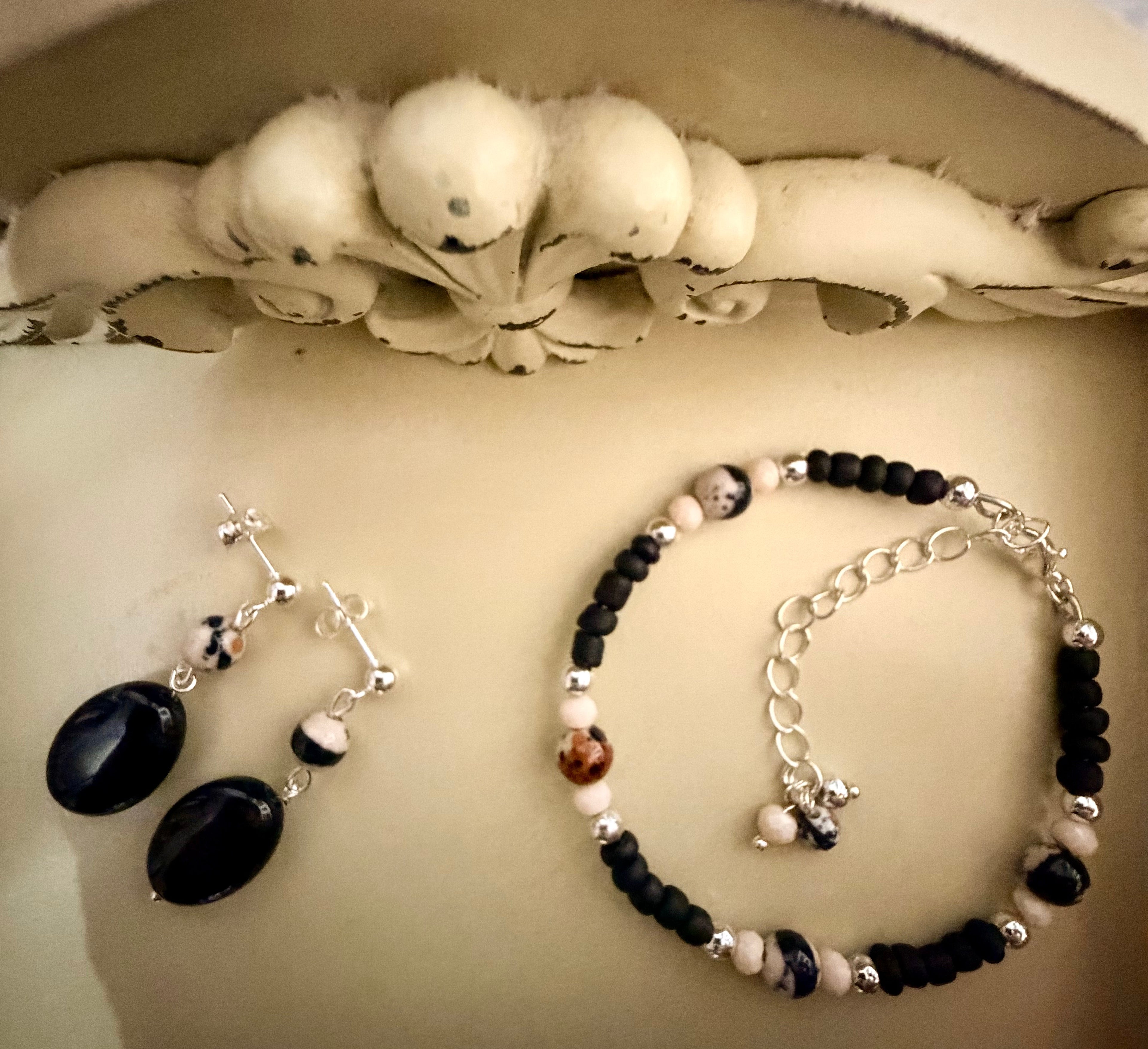 Natural Boho Speckled Granite Bead Silver Plated Black & Peach Tones Jewelry Set - Handcrafted Bracelet & Earrings by SublimeDesignsBySuzie - SublimeDesignsBySuzie