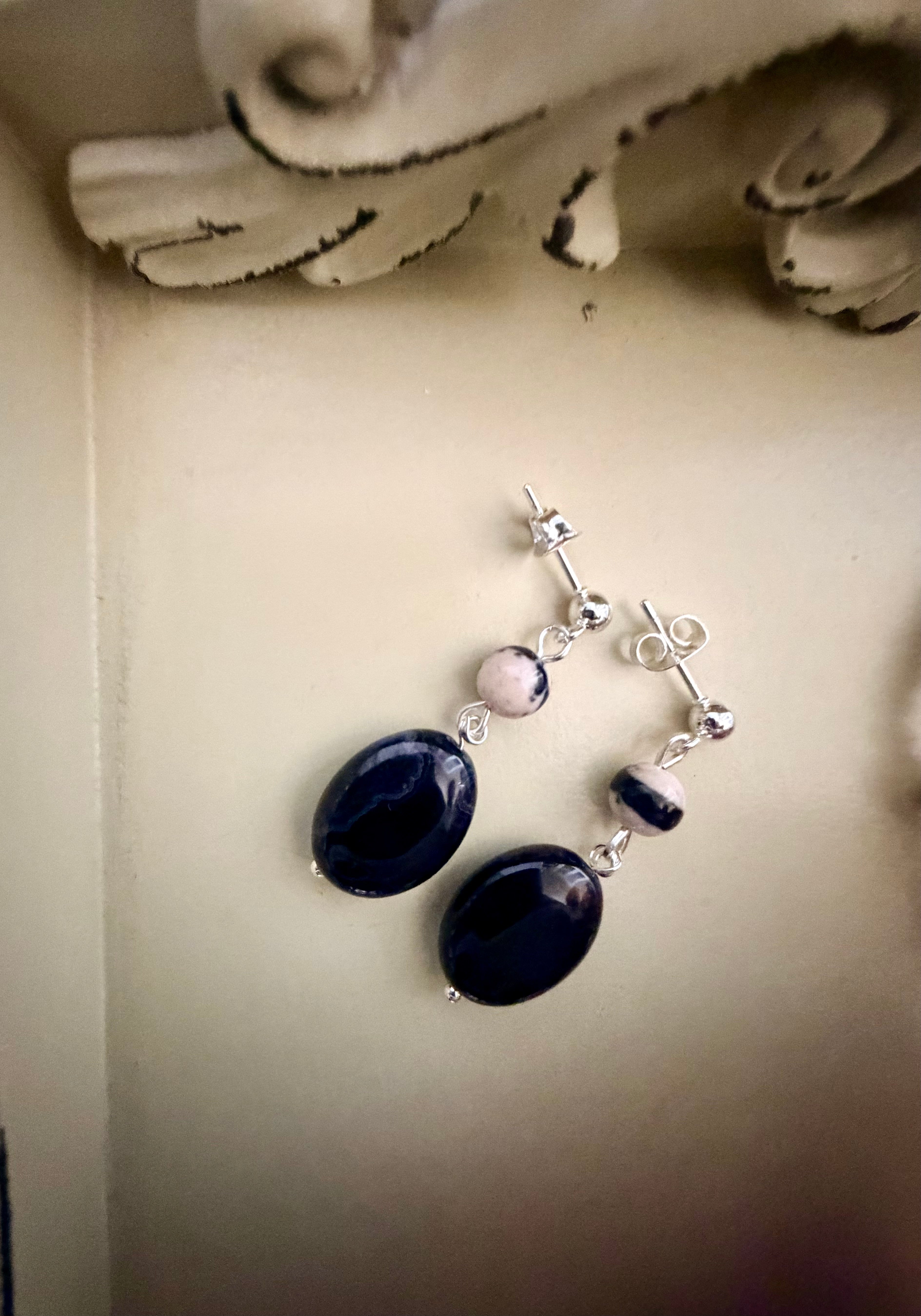 Natural Boho Speckled Granite Bead Silver Plated Black & Peach Tones Jewelry Set - Handcrafted Bracelet & Earrings by SublimeDesignsBySuzie - SublimeDesignsBySuzie