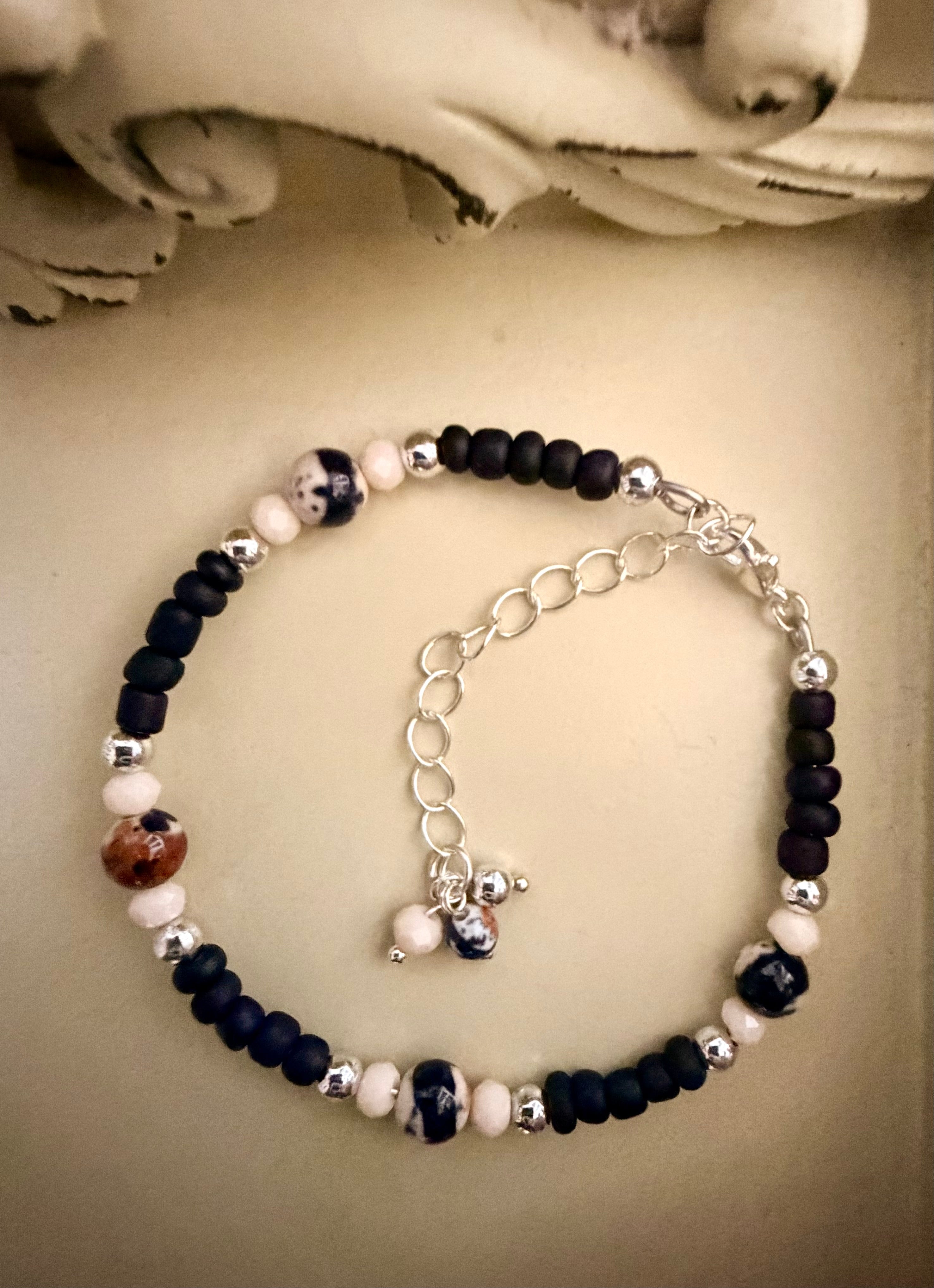 Natural Boho Speckled Granite Bead Silver Plated Black & Peach Tones Jewelry Set - Handcrafted Bracelet & Earrings by SublimeDesignsBySuzie - SublimeDesignsBySuzie