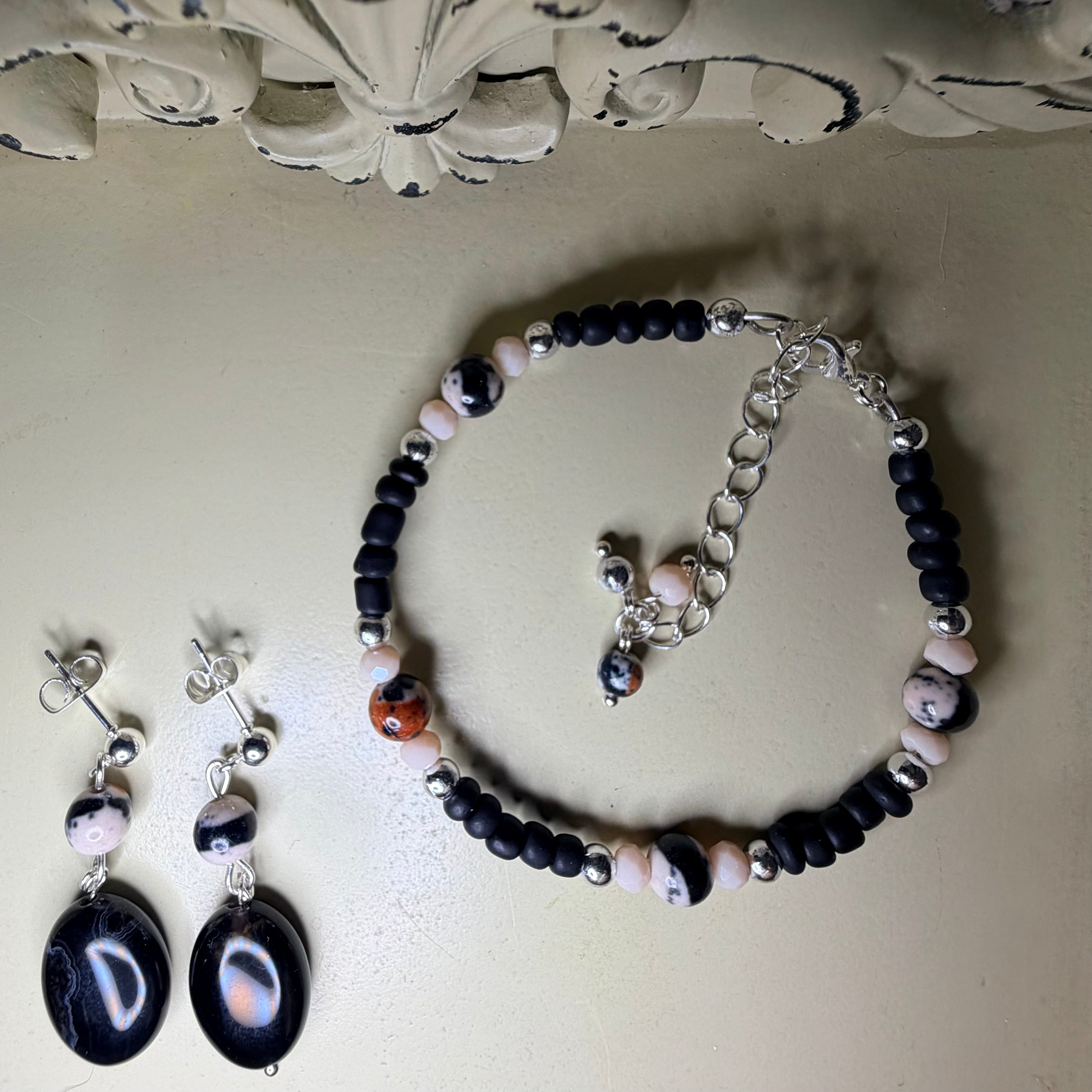 Natural Boho Speckled Granite Bead Silver Plated Black & Peach Tones Jewelry Set - Handcrafted Bracelet & Earrings by SublimeDesignsBySuzie - SublimeDesignsBySuzie