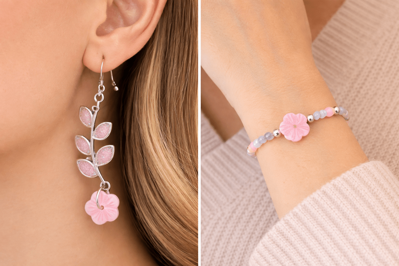 Pink Blush Bloom Floral Jewelry Set – Pink Beaded Bracelet & Sparkle Leaf Dangle Earrings - SublimeDesignsBySuzie