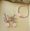 Pink Blush Bloom Floral Jewelry Set – Pink Beaded Bracelet & Sparkle Leaf Dangle Earrings - SublimeDesignsBySuzie