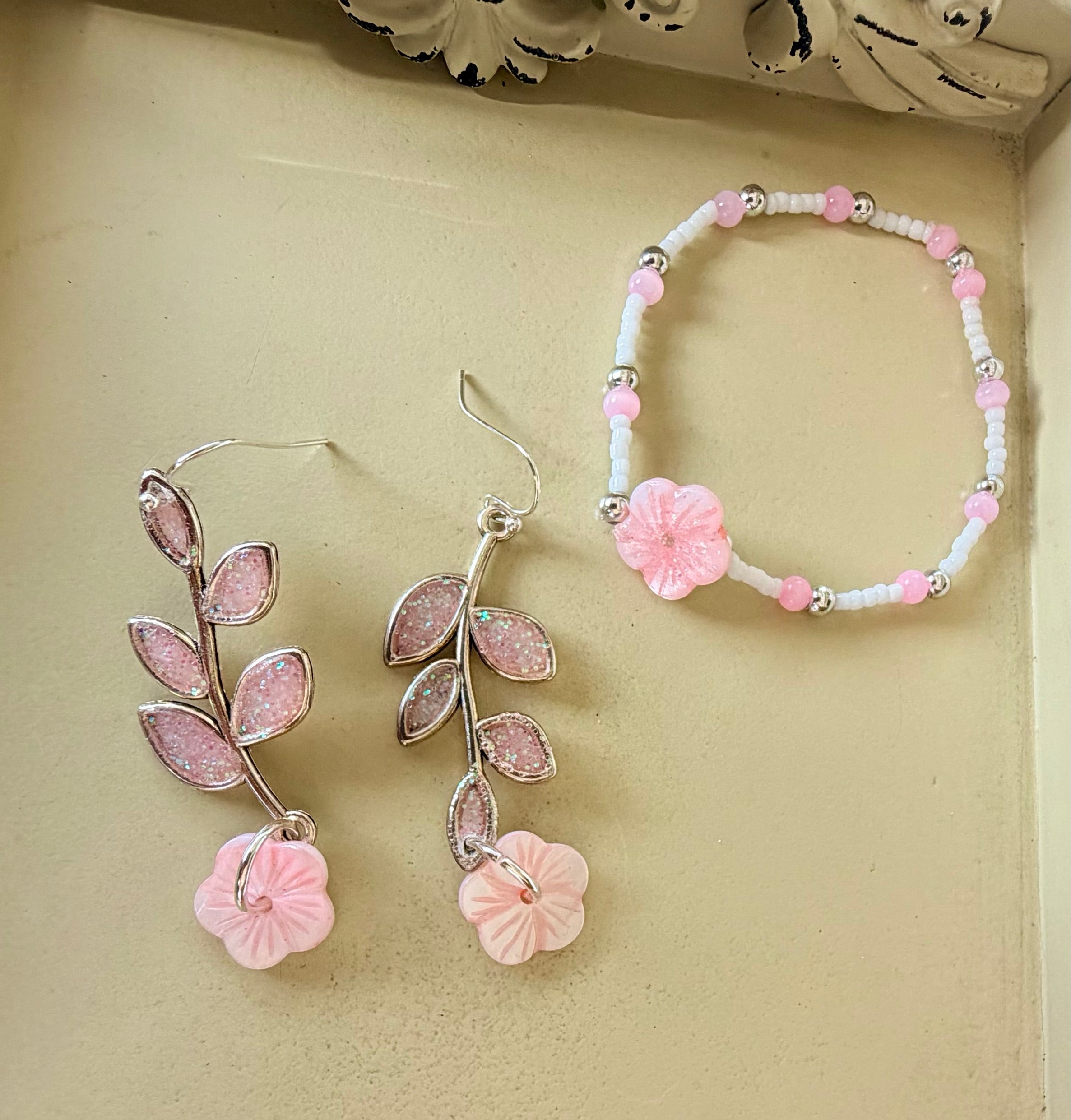 Pink Blush Bloom Floral Jewelry Set – Pink Beaded Bracelet & Sparkle Leaf Dangle Earrings - SublimeDesignsBySuzie