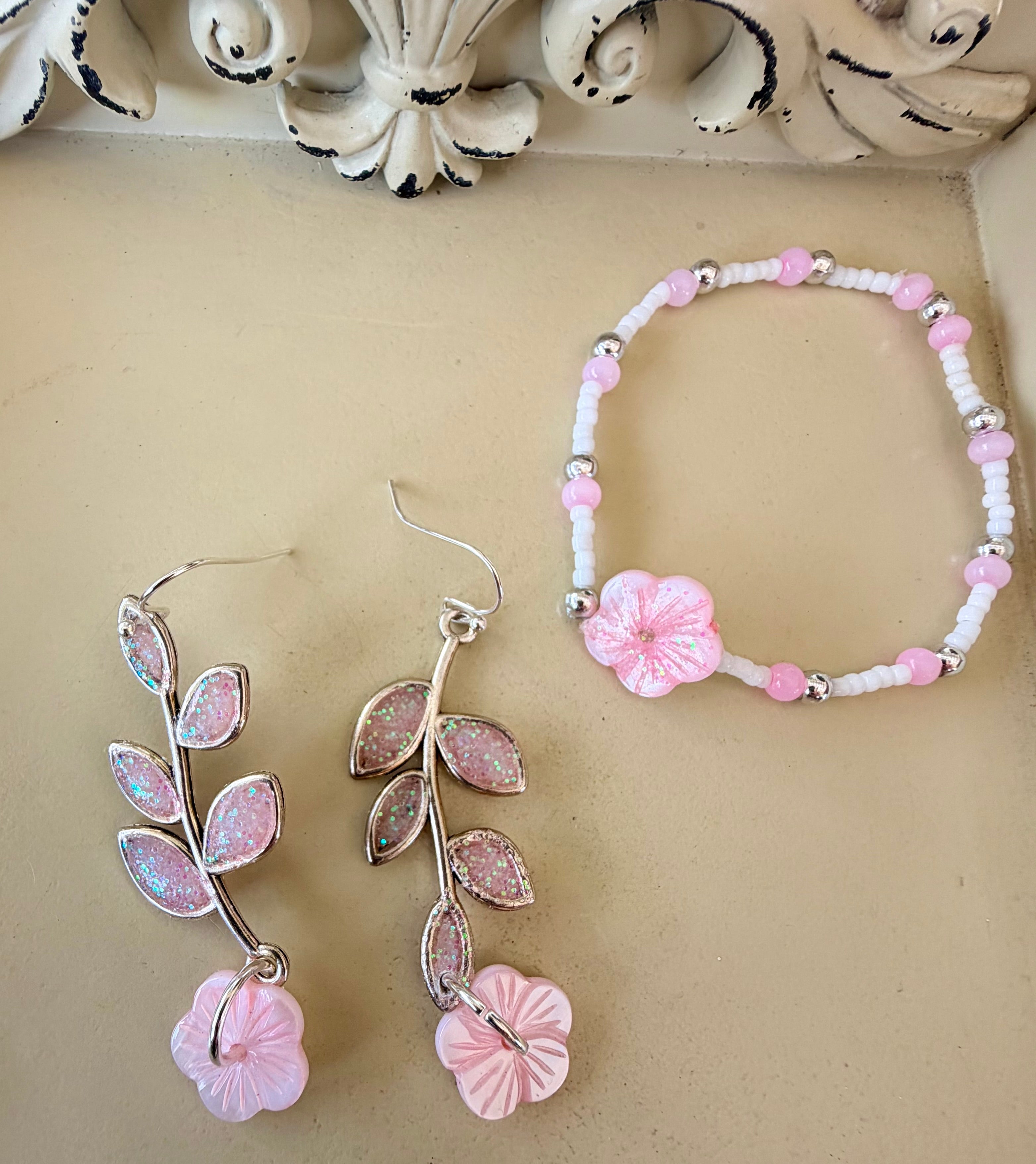 Pink Blush Bloom Floral Jewelry Set – Pink Beaded Bracelet & Sparkle Leaf Dangle Earrings - SublimeDesignsBySuzie