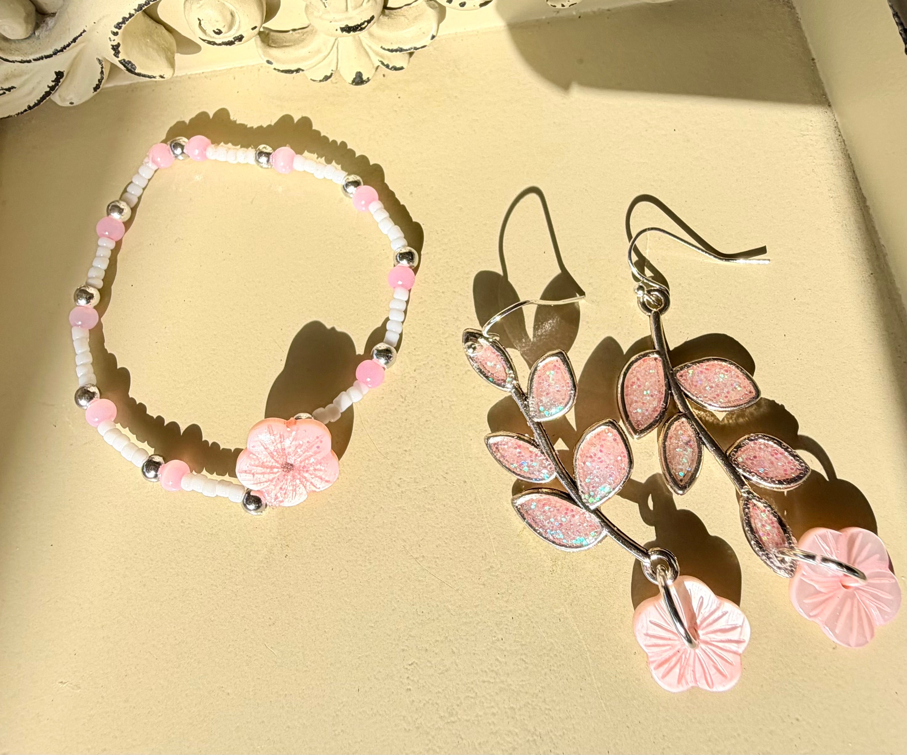 Pink Blush Bloom Floral Jewelry Set – Pink Beaded Bracelet & Sparkle Leaf Dangle Earrings - SublimeDesignsBySuzie