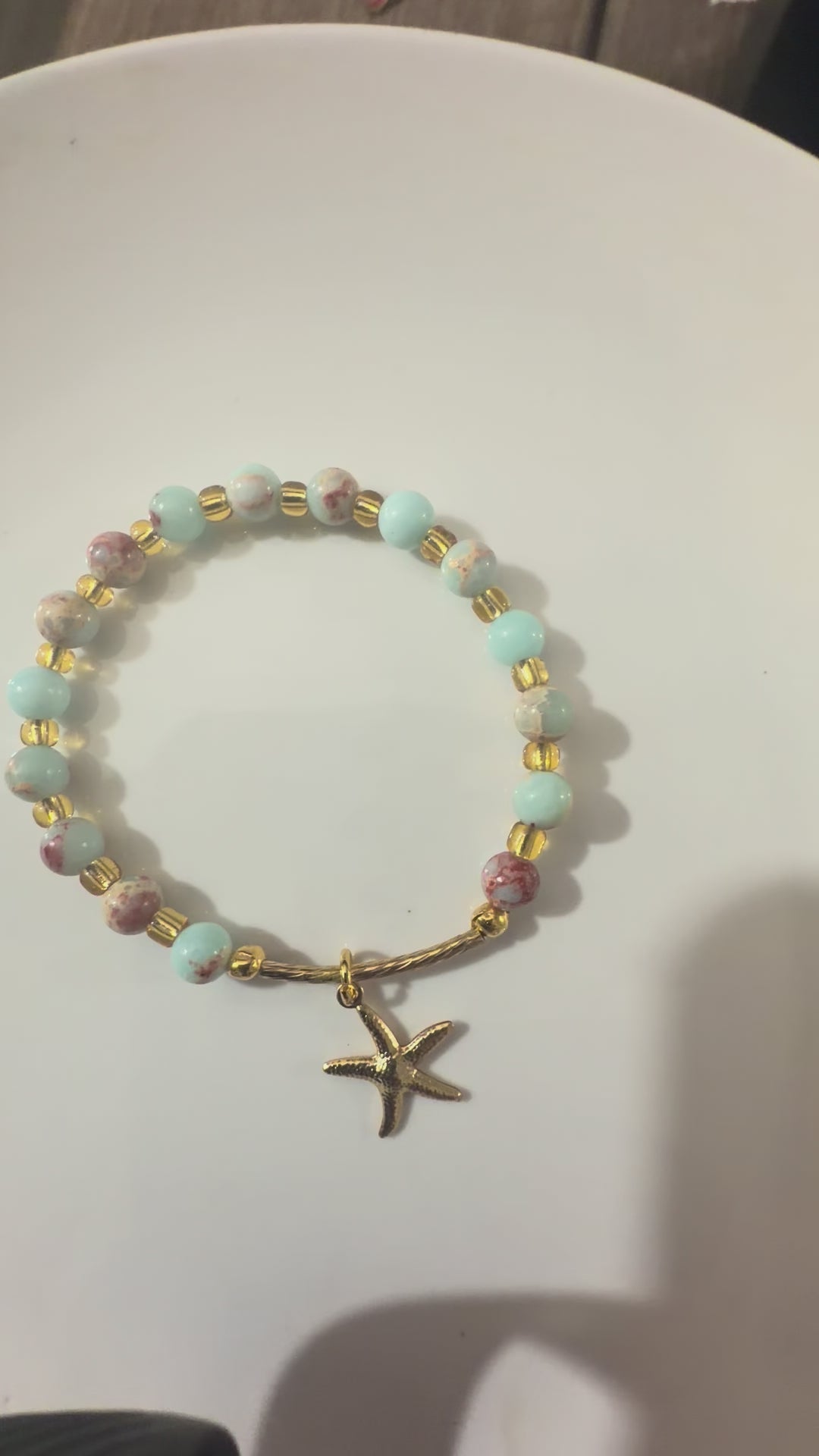 Natural Aqua Terra Jasper & Starfish Charm Beaded Bracelet- Coastal Chic