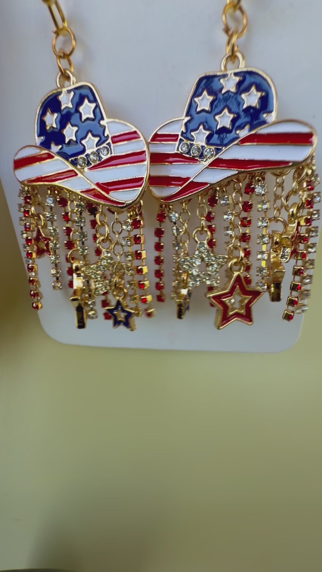 Western Patriotic Jewelry Set: 4th of July Beaded Bracelet & American Flag Cowboy Hat Dangle Earrings with Rhinestones