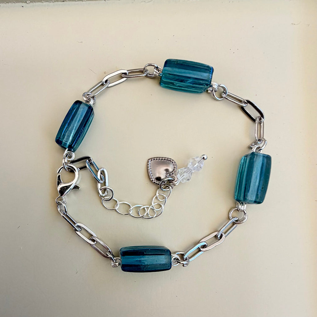 Ribbed Blue Glass Sea Crystal Bracelet by Suzie with Sublime Designs - SublimeDesignsBySuzie