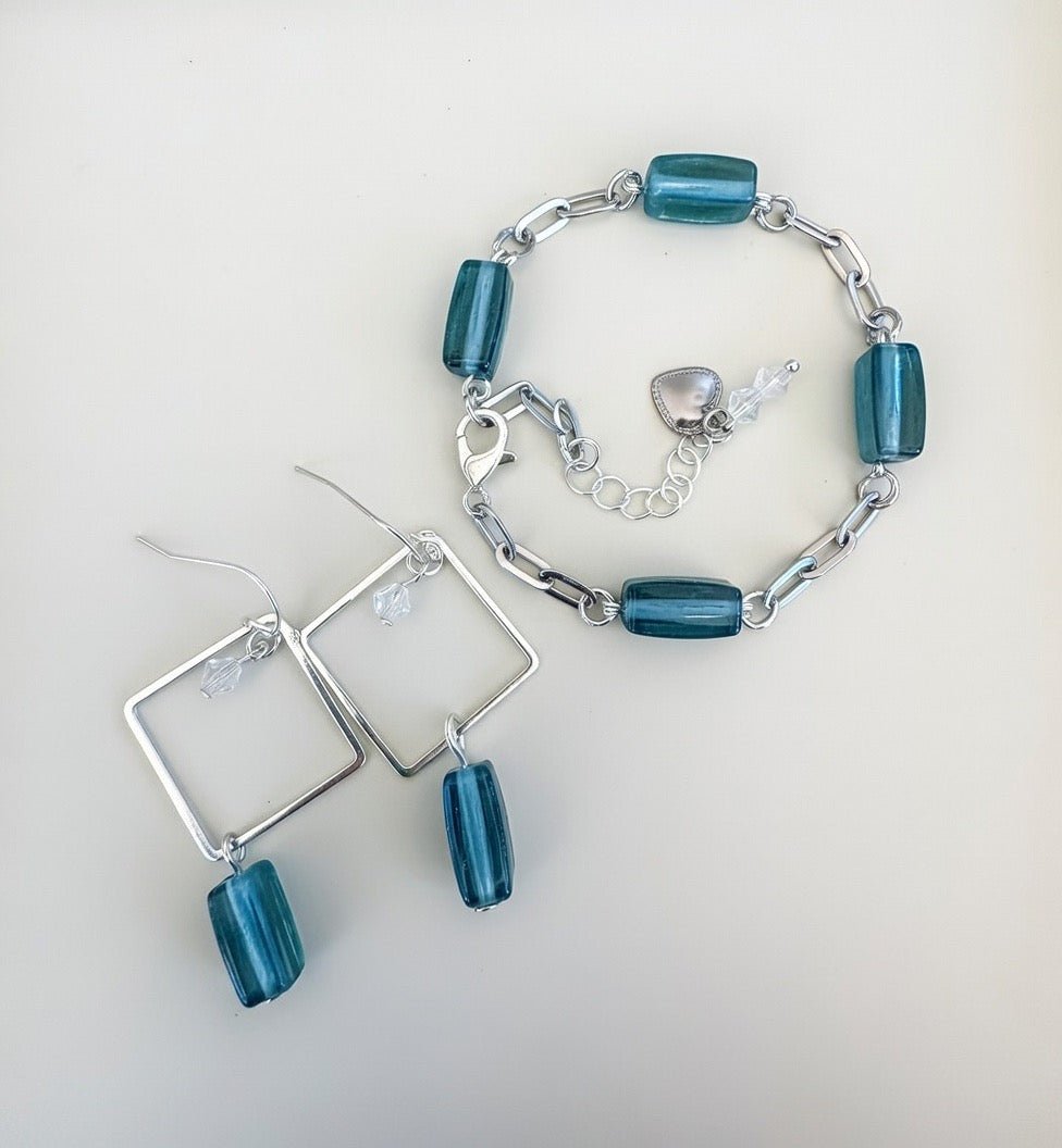Ribbed Blue Glass Sea Crystal Jewelry Set by Suzie with Sublime Designs