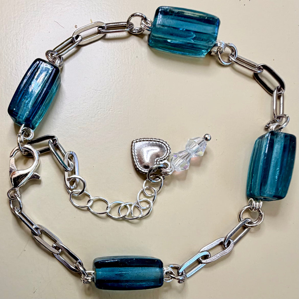 Ribbed Blue Glass Sea Crystal Bracelet by Suzie with Sublime Designs - SublimeDesignsBySuzie