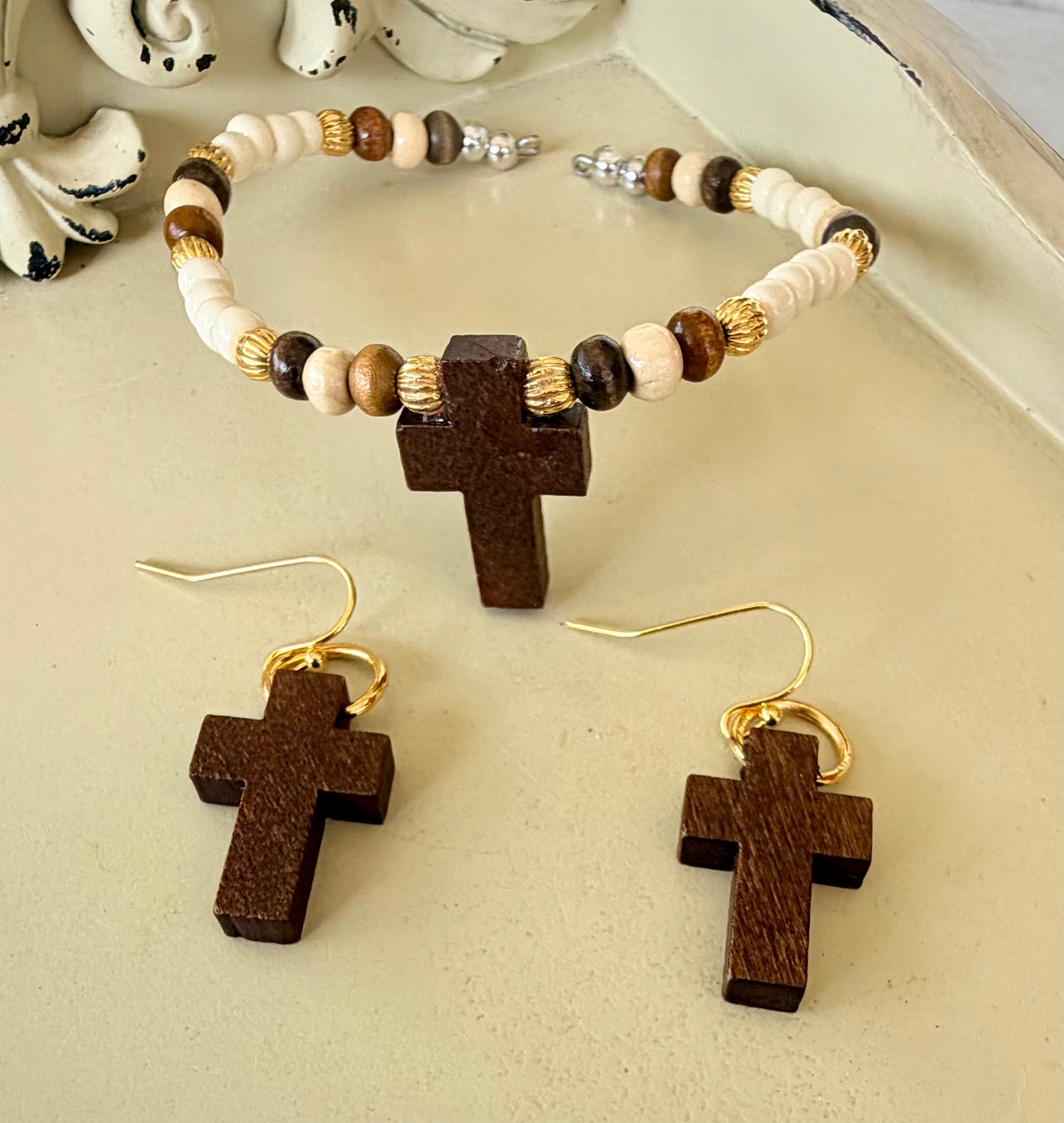Rustic Faith Christian Wooden Cross Jewelry Set - Cross Earrings & Bracelet by SublimeDesignsBySuzie - SublimeDesignsBySuzie