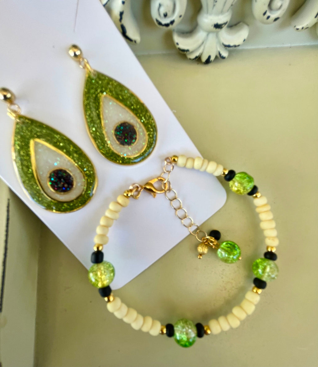 Silver Plated Green Glitter Resin Teardrop Earrings & Beaded Bracelet Set - Black White Inlay, Lime Accents Boho Sparkle - SublimeDesignsBySuzie