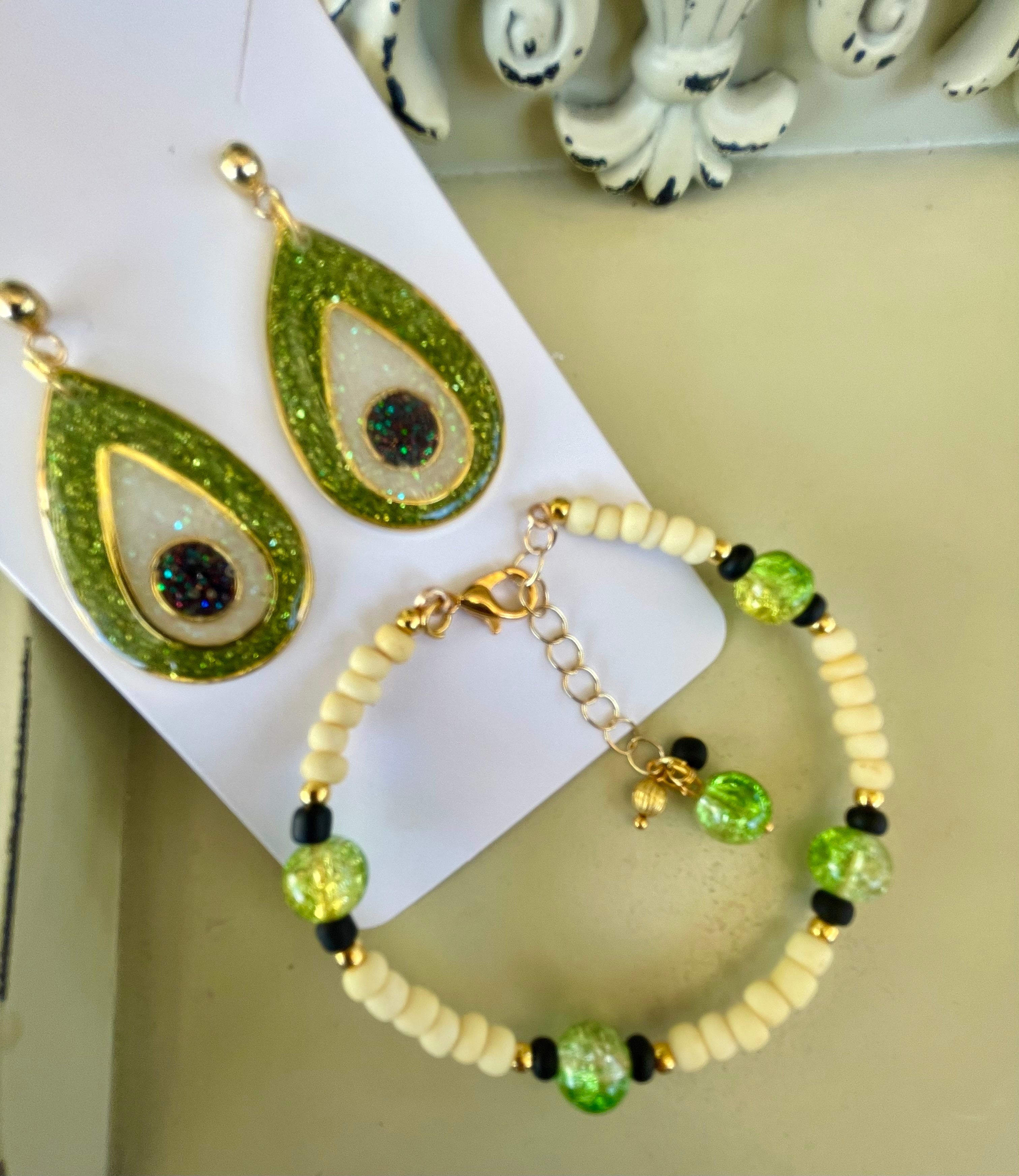 Silver Plated Green Glitter Resin Teardrop Earrings & Beaded Bracelet Set - Black White Inlay, Lime Accents Boho Sparkle - SublimeDesignsBySuzie