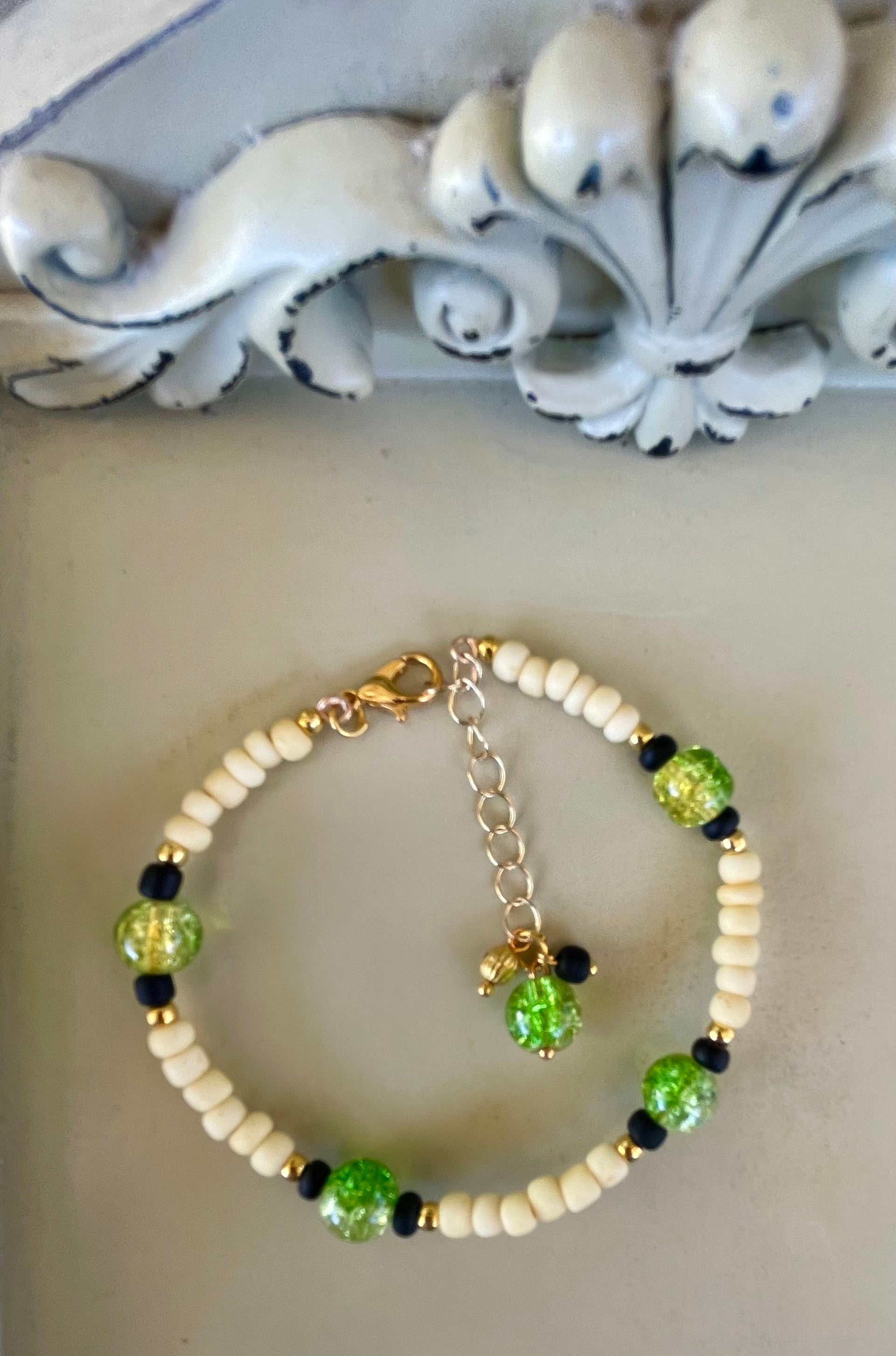 Silver Plated Green Glitter Resin Teardrop Earrings & Beaded Bracelet Set - Black White Inlay, Lime Accents Boho Sparkle - SublimeDesignsBySuzie