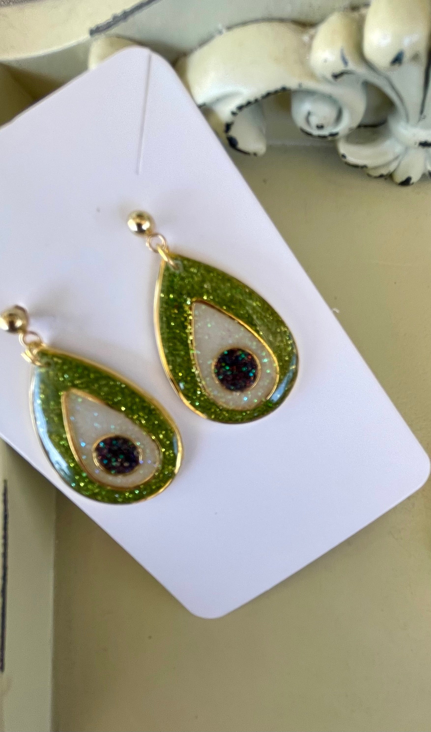 Silver Plated Green Glitter Resin Teardrop Earrings & Beaded Bracelet Set - Black White Inlay, Lime Accents Boho Sparkle - SublimeDesignsBySuzie