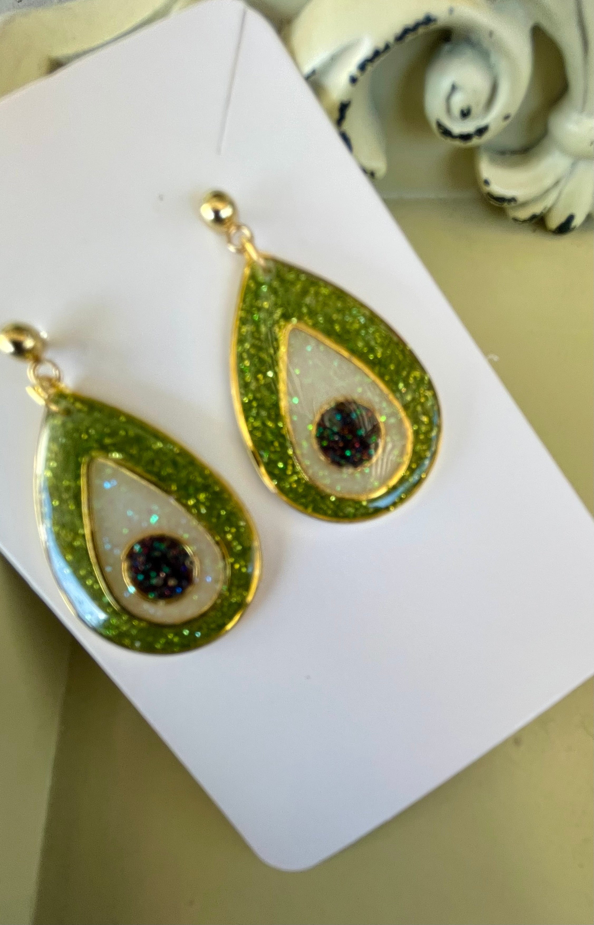 Silver Plated Green Glitter Resin Teardrop Earrings & Beaded Bracelet Set - Black White Inlay, Lime Accents Boho Sparkle - SublimeDesignsBySuzie
