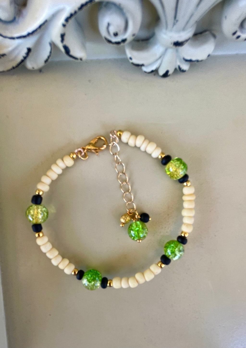 Silver Plated Green Glitter Resin Teardrop Earrings & Beaded Bracelet Set - Black White Inlay, Lime Accents Boho Sparkle - SublimeDesignsBySuzie