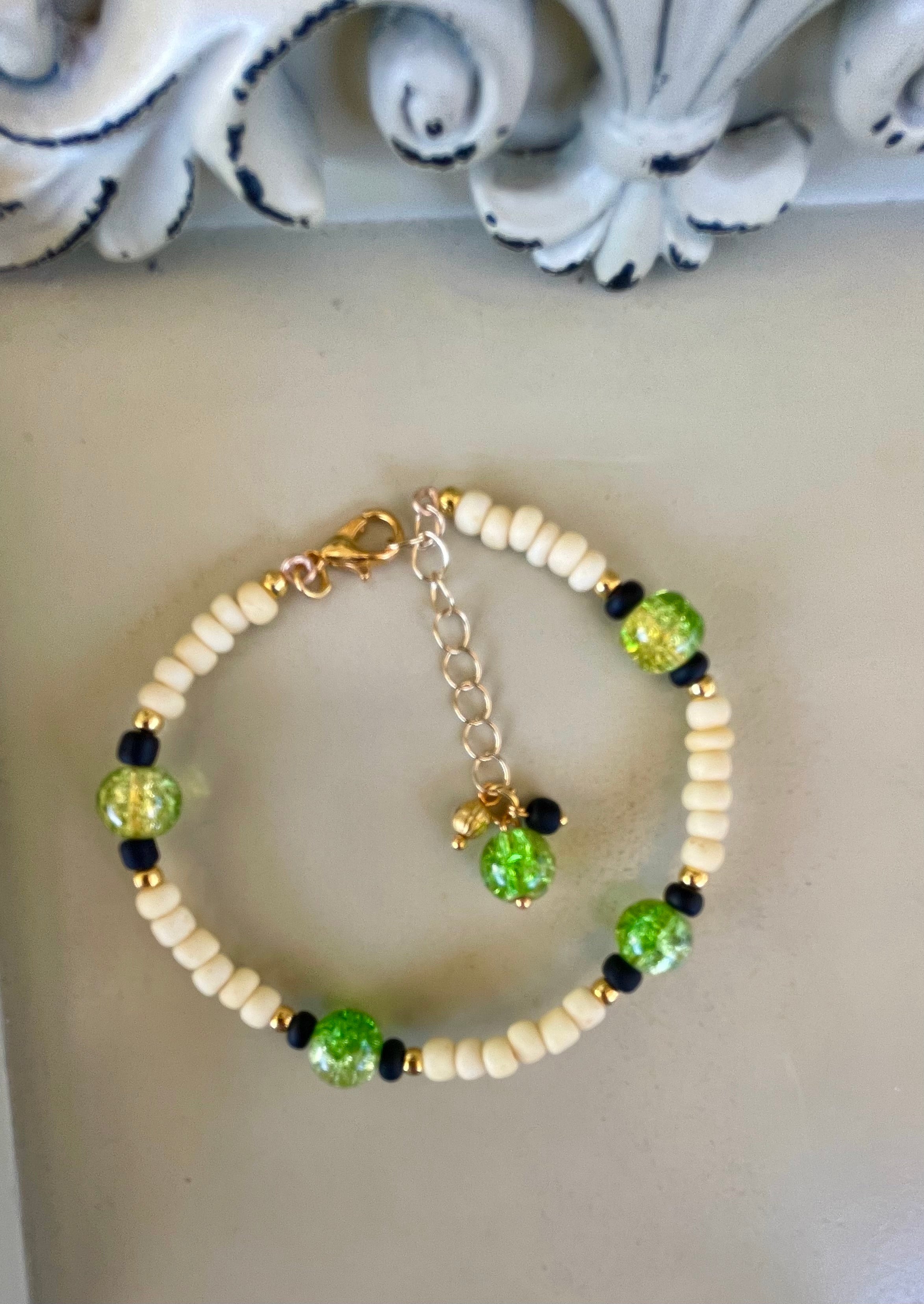 Silver Plated Green Glitter Resin Teardrop Earrings & Beaded Bracelet Set - Black White Inlay, Lime Accents Boho Sparkle - SublimeDesignsBySuzie