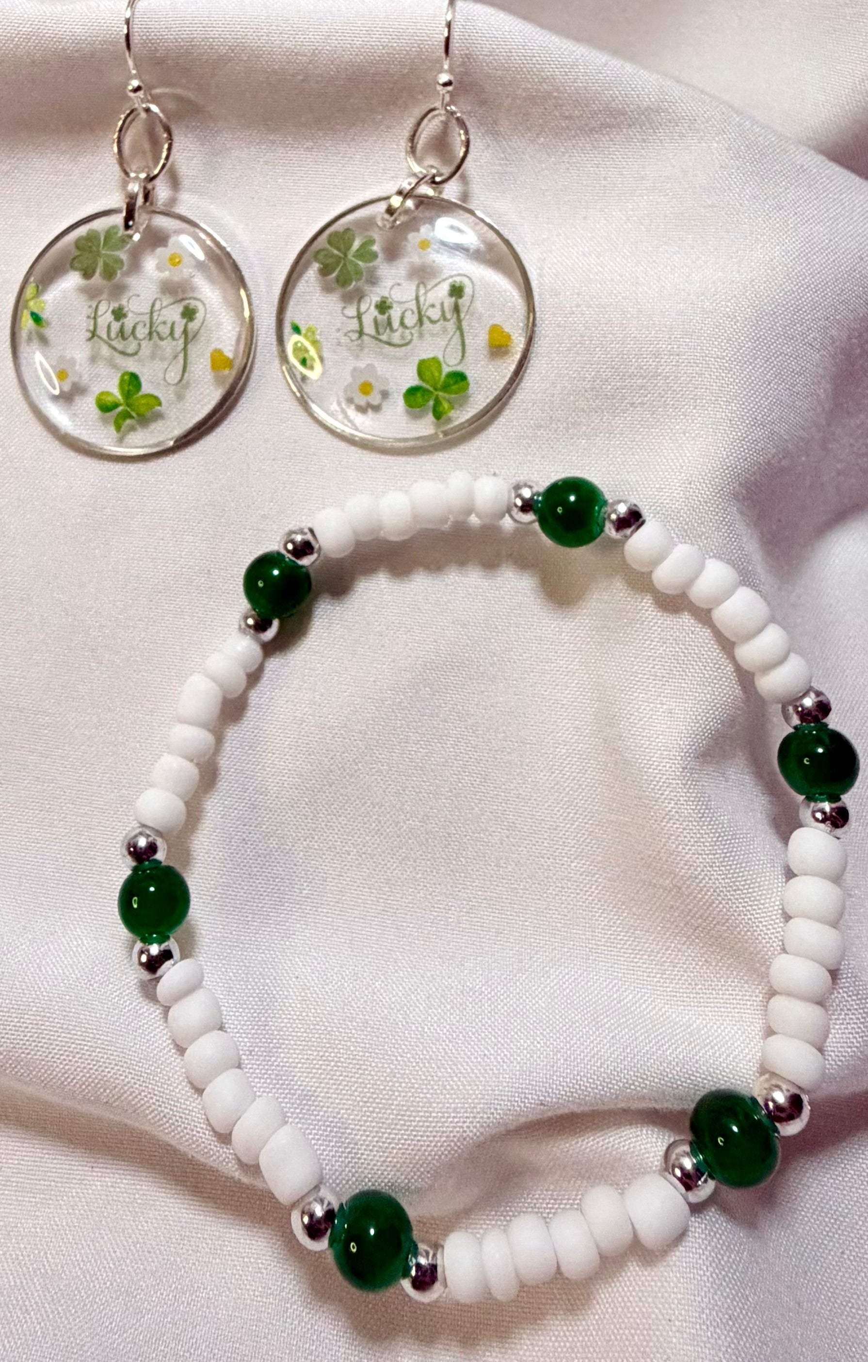 St. Patrick’s Day Lucky Jewelry Set - Silver Resin Shamrock Earrings with Daisies, Matching Green Beaded Bracelet + FREE Ring by Suzie with Sublime Designs in Palm Coast - SublimeDesignsBySuzie