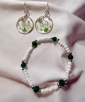 St. Patrick’s Day Lucky Jewelry Set - Silver Resin Shamrock Earrings with Daisies, Matching Green Beaded Bracelet + FREE Ring by Suzie with Sublime Designs in Palm Coast - SublimeDesignsBySuzie