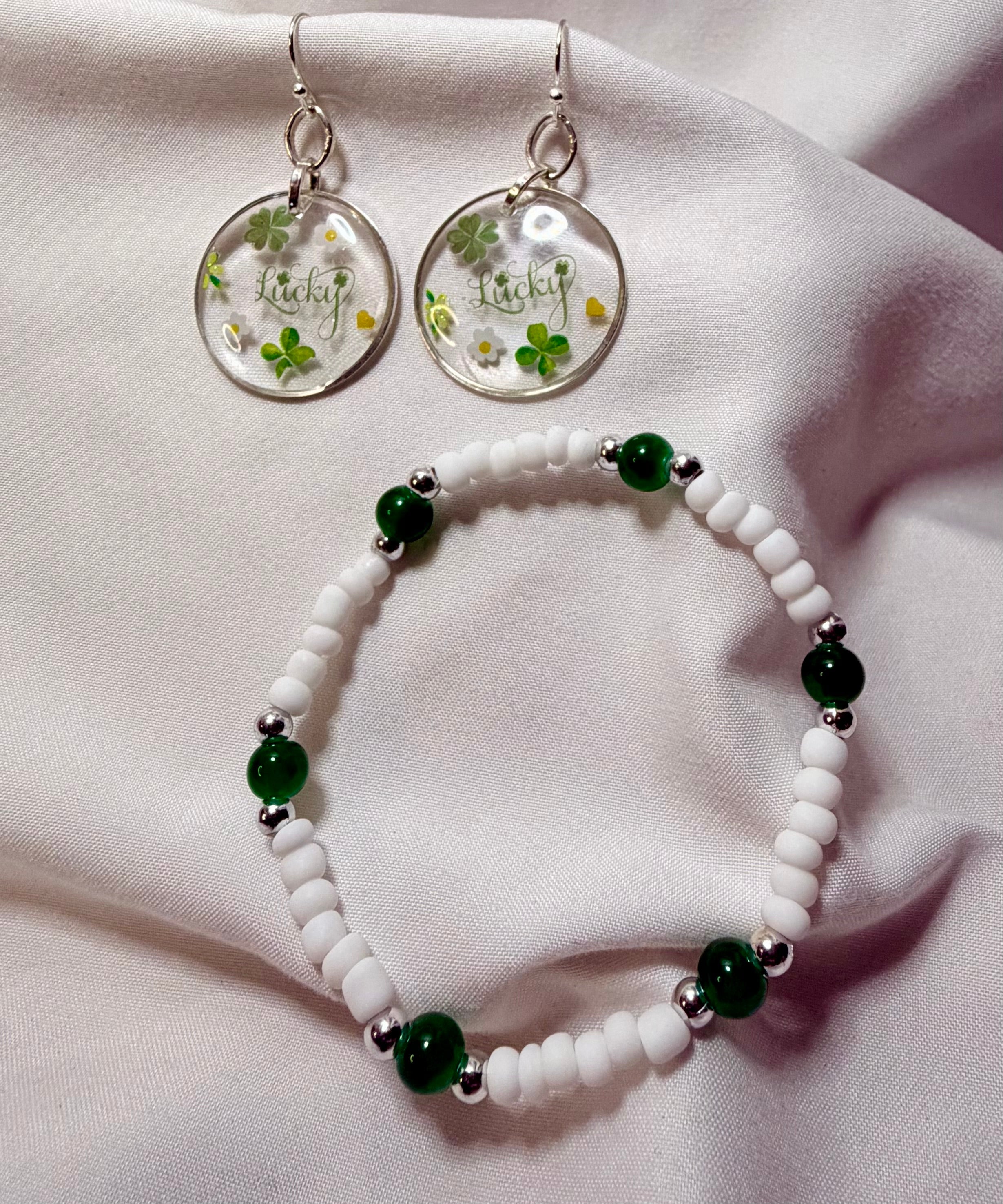 St. Patrick’s Day Lucky Jewelry Set - Silver Resin Shamrock Earrings with Daisies, Matching Green Beaded Bracelet + FREE Ring by Suzie with Sublime Designs in Palm Coast - SublimeDesignsBySuzie