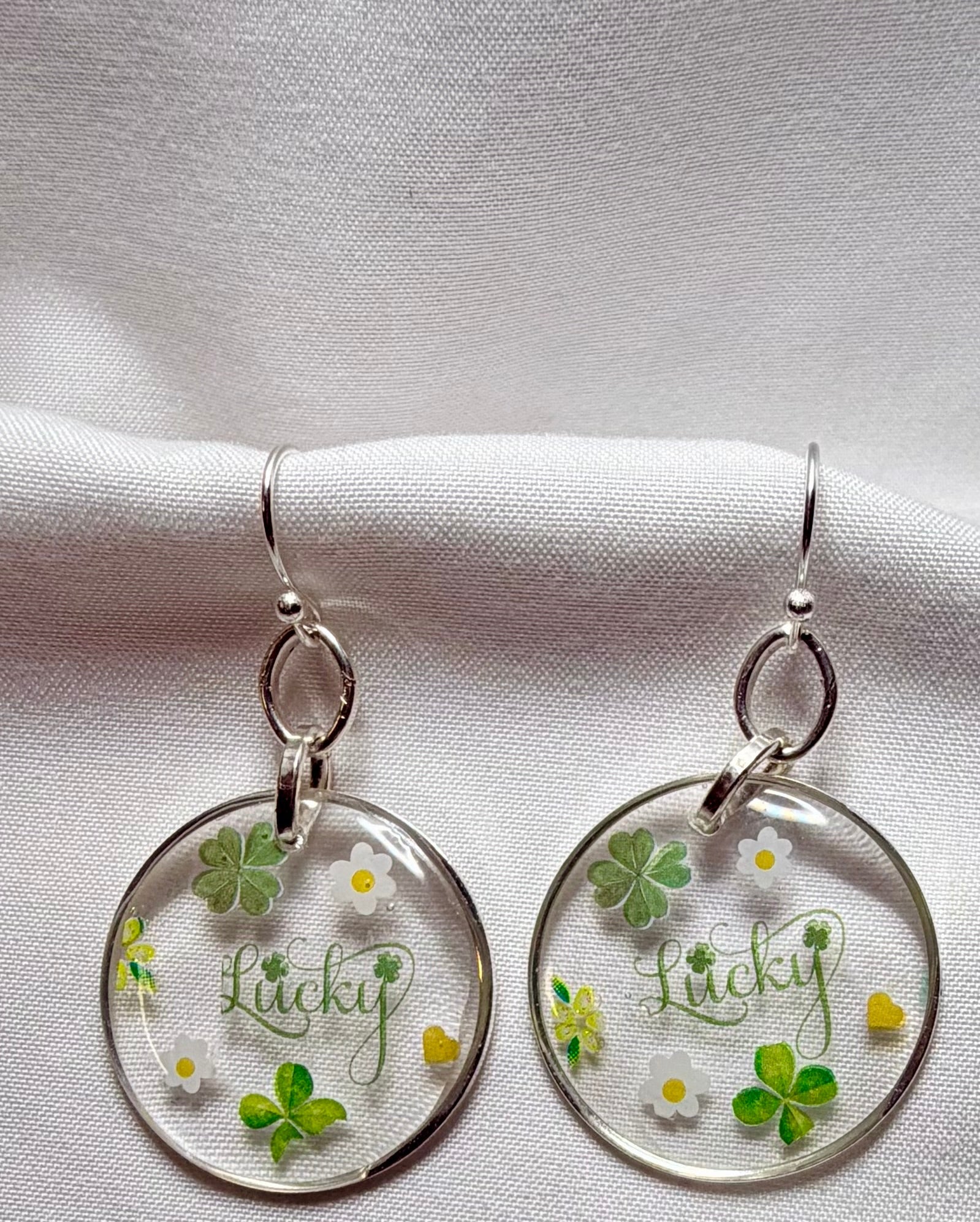 St. Patrick’s Day Lucky Jewelry Set - Silver Resin Shamrock Earrings with Daisies, Matching Green Beaded Bracelet + FREE Ring by Suzie with Sublime Designs in Palm Coast - SublimeDesignsBySuzie