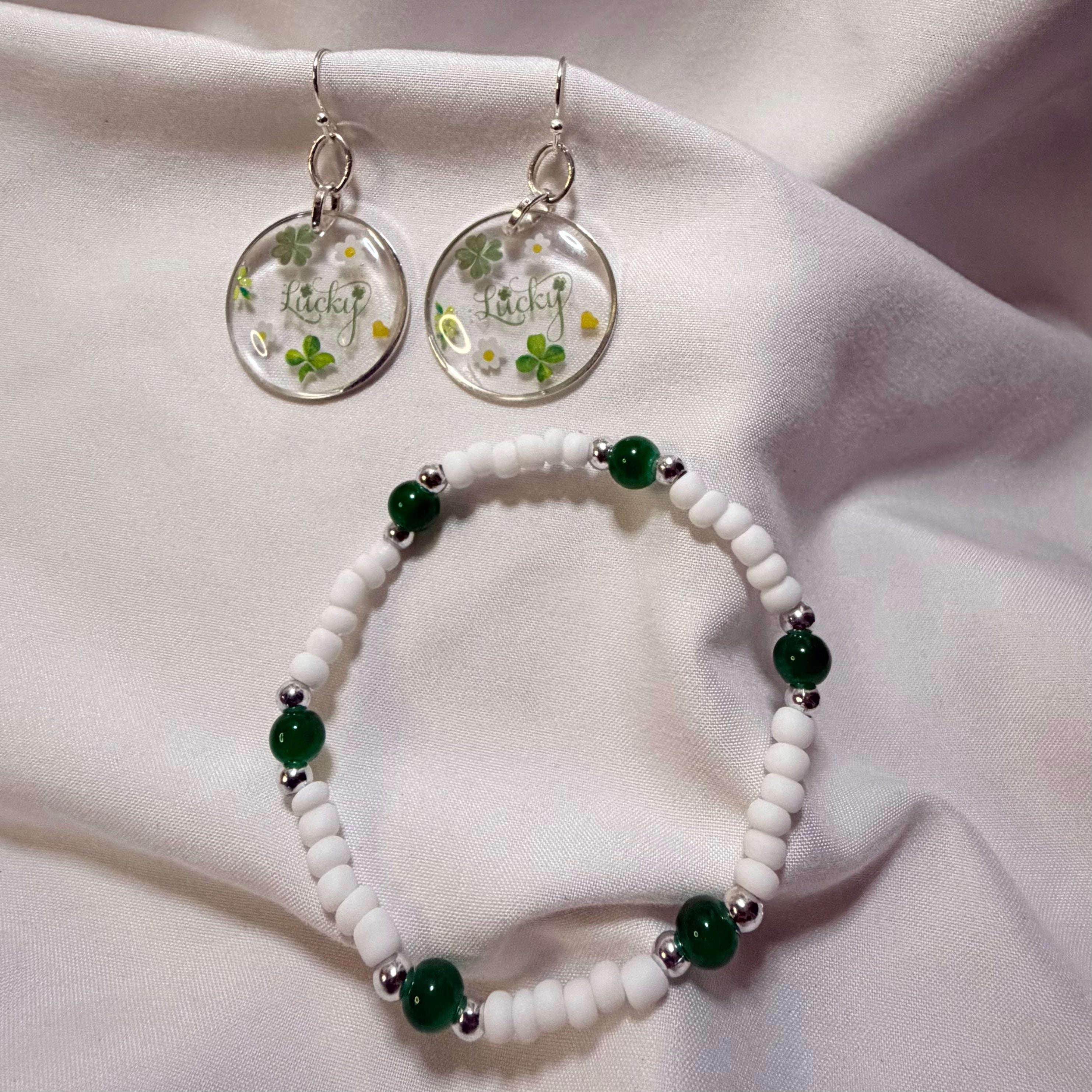 St. Patrick’s Day Lucky Jewelry Set - Silver Resin Shamrock Earrings with Daisies, Matching Green Beaded Bracelet + FREE Ring by Suzie with Sublime Designs in Palm Coast - SublimeDesignsBySuzie