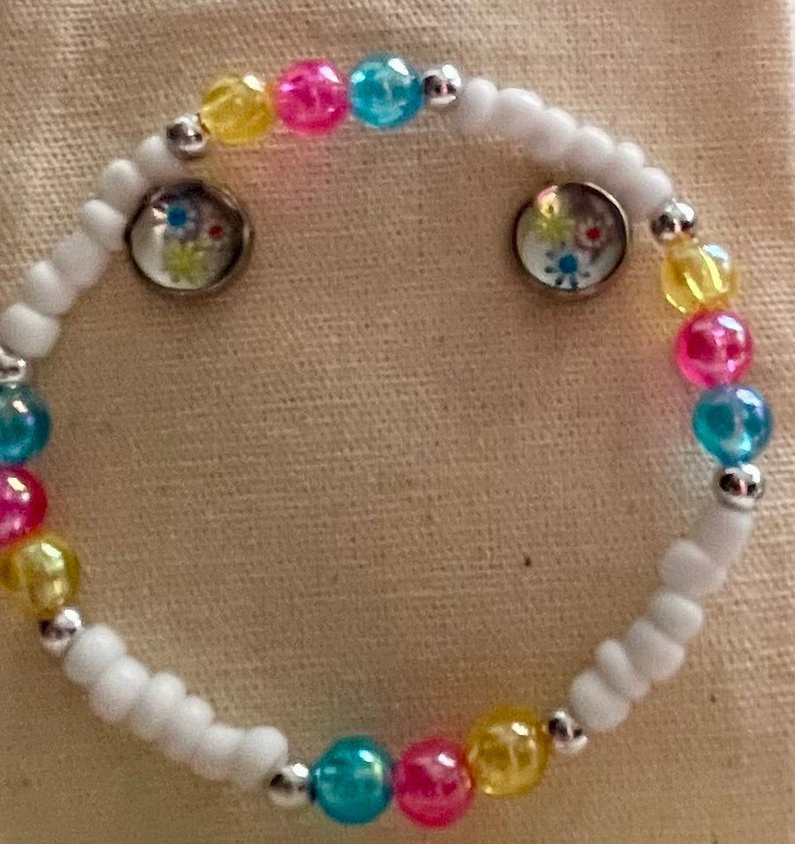 Stud Flower Cabochon Earrings & Bracelet – White Beads Multicolor Pastel Pearl Stretch Jewelry, Interchangeable Floral Charm Handmade Gift for kids, girls & women - SublimeDesignsBySuzie