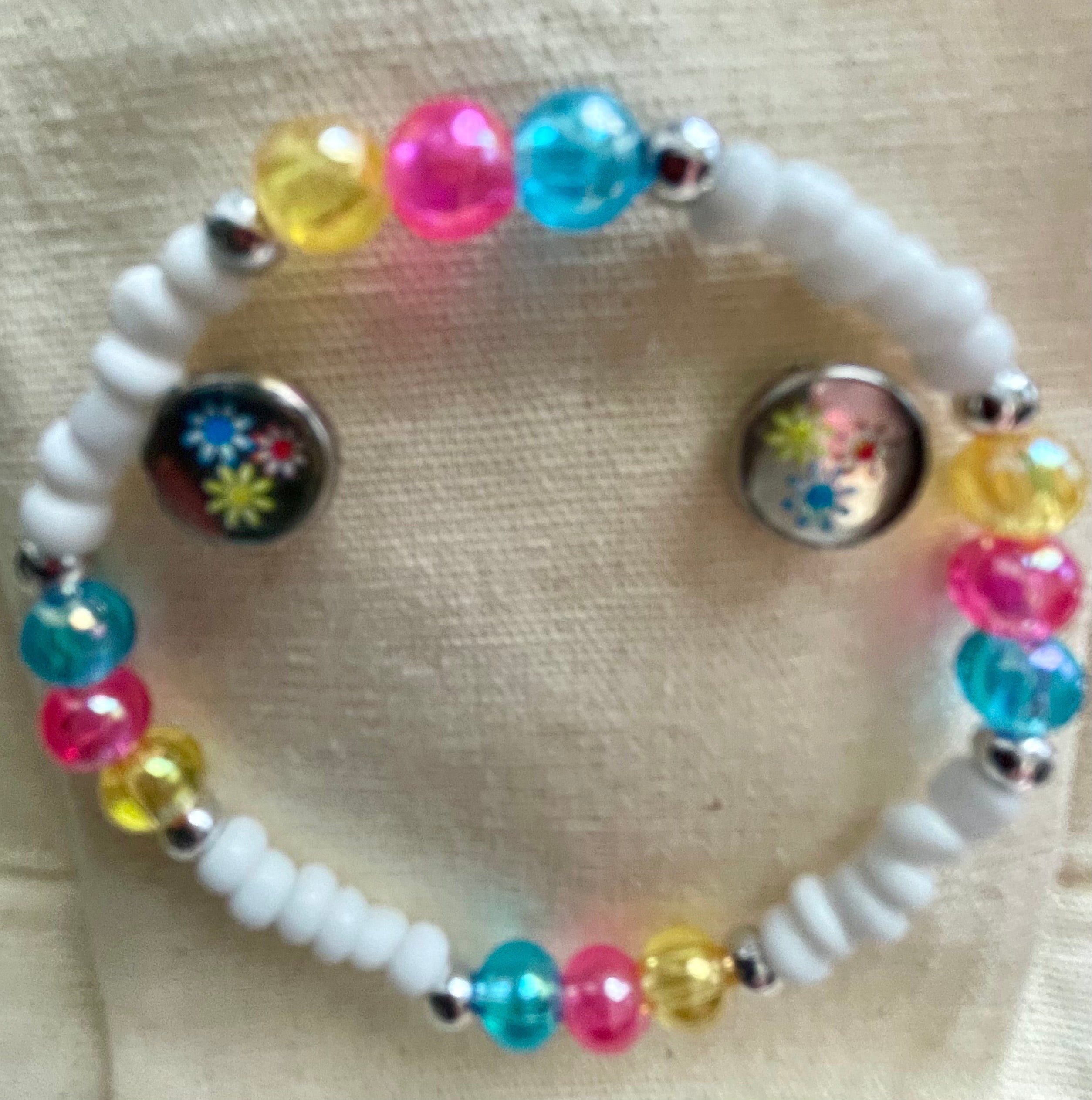 Stud Flower Cabochon Earrings & Bracelet – White Beads Multicolor Pastel Pearl Stretch Jewelry, Interchangeable Floral Charm Handmade Gift for kids, girls & women - SublimeDesignsBySuzie